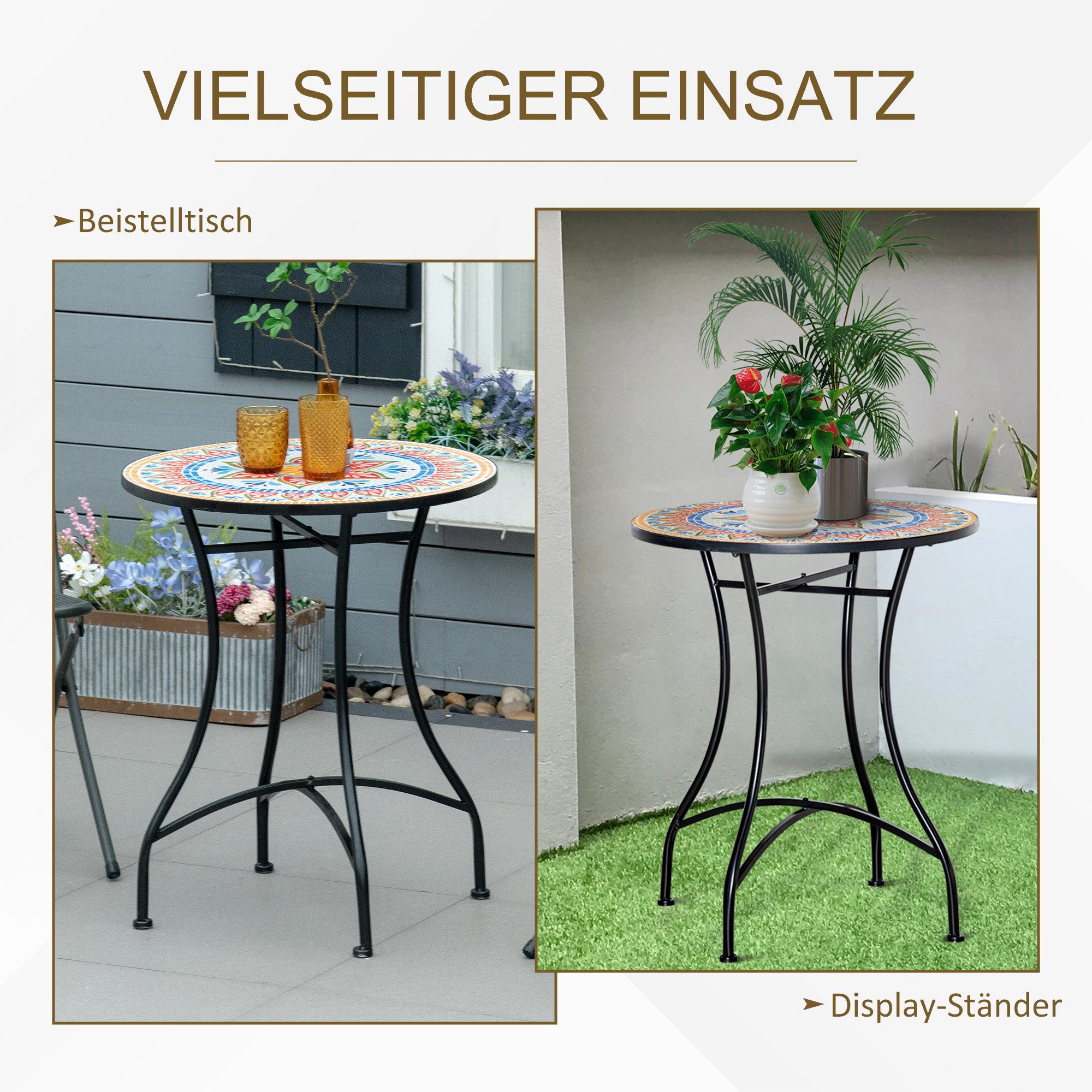 MC Star Gartentisch Mosaiktisch rund Bistrotisch Beistelltisch mit Mosaikplatte Keramik (Metall Rot+Blau+Weiß Ø60 cm)