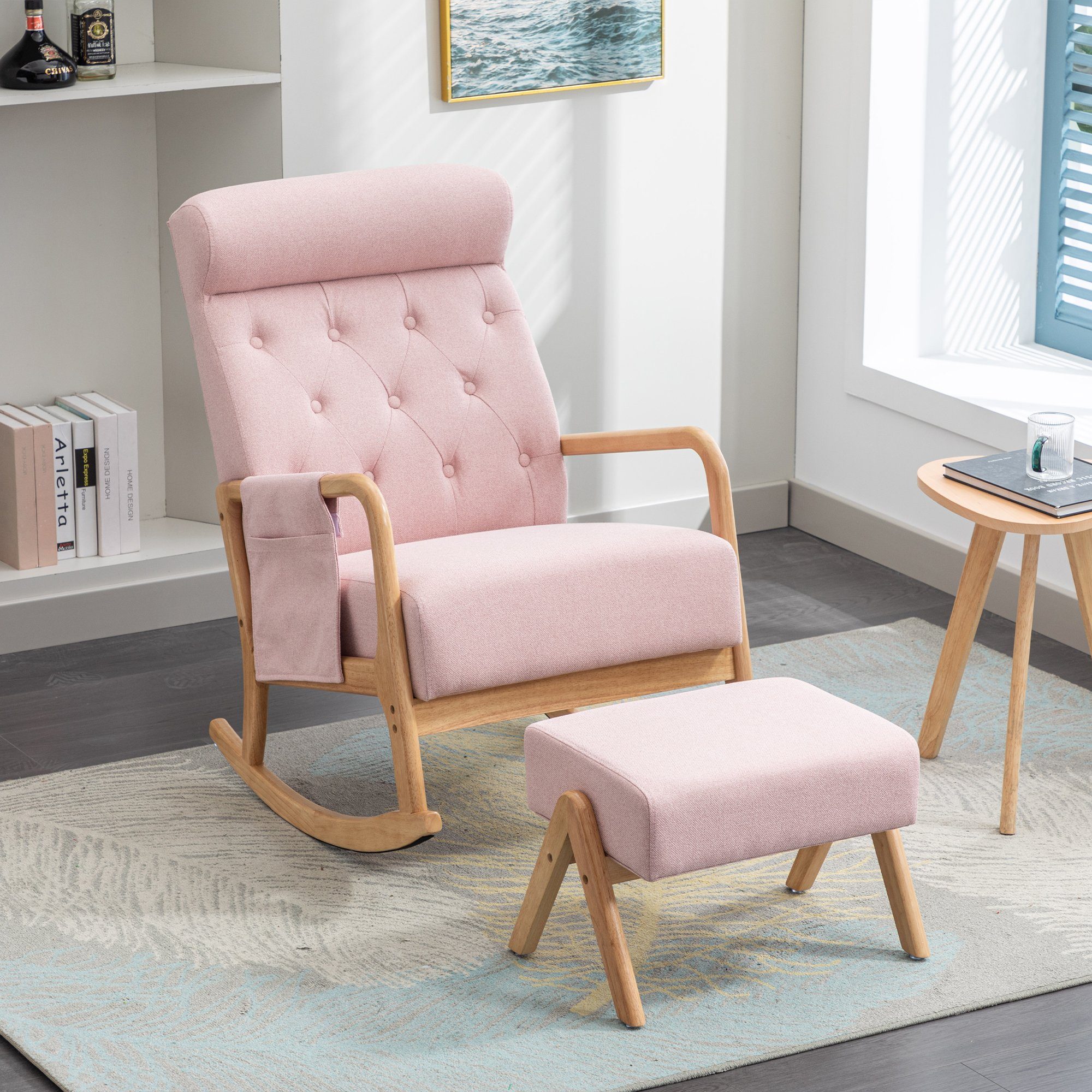 OKWISH Relaxsessel Schaukelsessel, Relaxstuhl, Schaukelstuhl (Leinen, Mit Seitentaschen, mit Hocker), Kissen und Rückenlehne integriertes Design rosa | Sessel