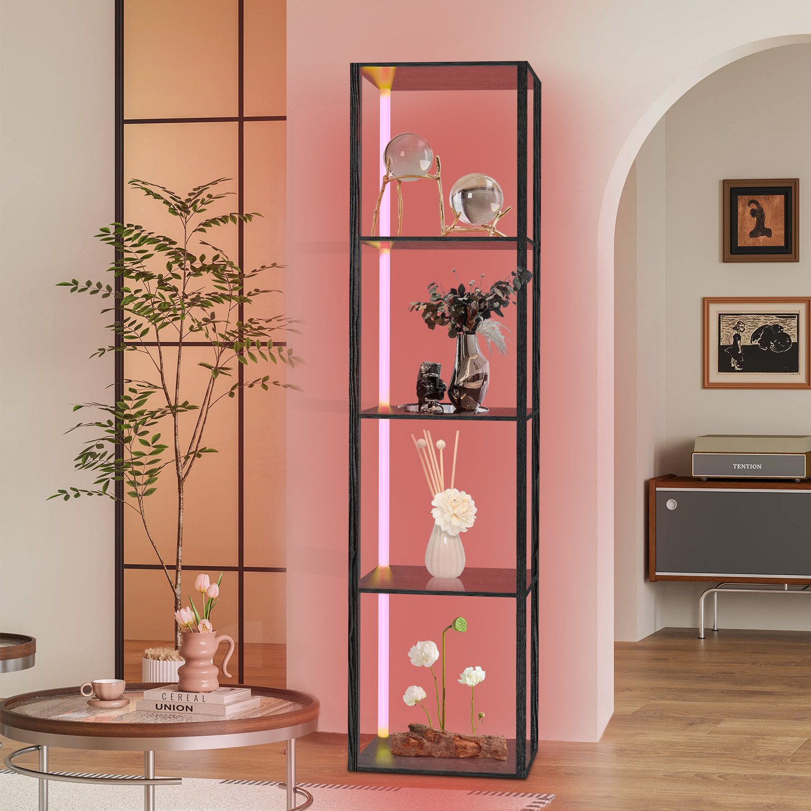 XIIW Standvitrine Eckvitrine Eckschrank Eckregal mit Dimmbare LED, Vitrine 5-Ebenen Holz (Fernbedienung, 2700K - 6500K, 39x29x160 cm, Stehlampe Regal) Präsentation und Organisation Für Wohnzimmer Flur Zimmer usw.