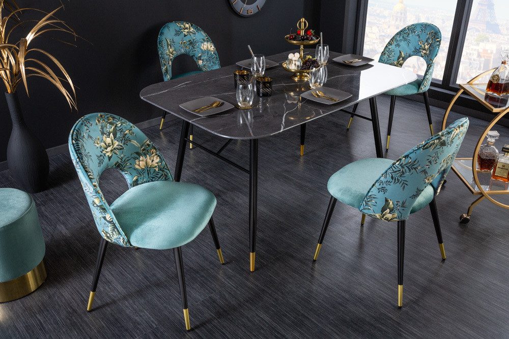 riess-ambiente Esszimmerstuhl PRÊT-À-PORTER türkis – Samt, florales Muster, goldene Fußkappen (Einzelartikel, 1 St), Retro-Stuhl mit Glamour-Effekt – ideal für  – Bild 4 von 5