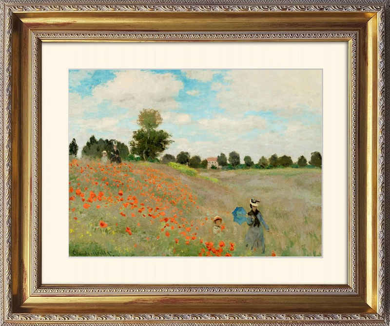 artissimo Bild mit Rahmen Monet Bild mit Barock-Rahmen / Poster gerahmt 63x53cm / Wandbild, Claude Monet: Coquelicots / Mohnfeld