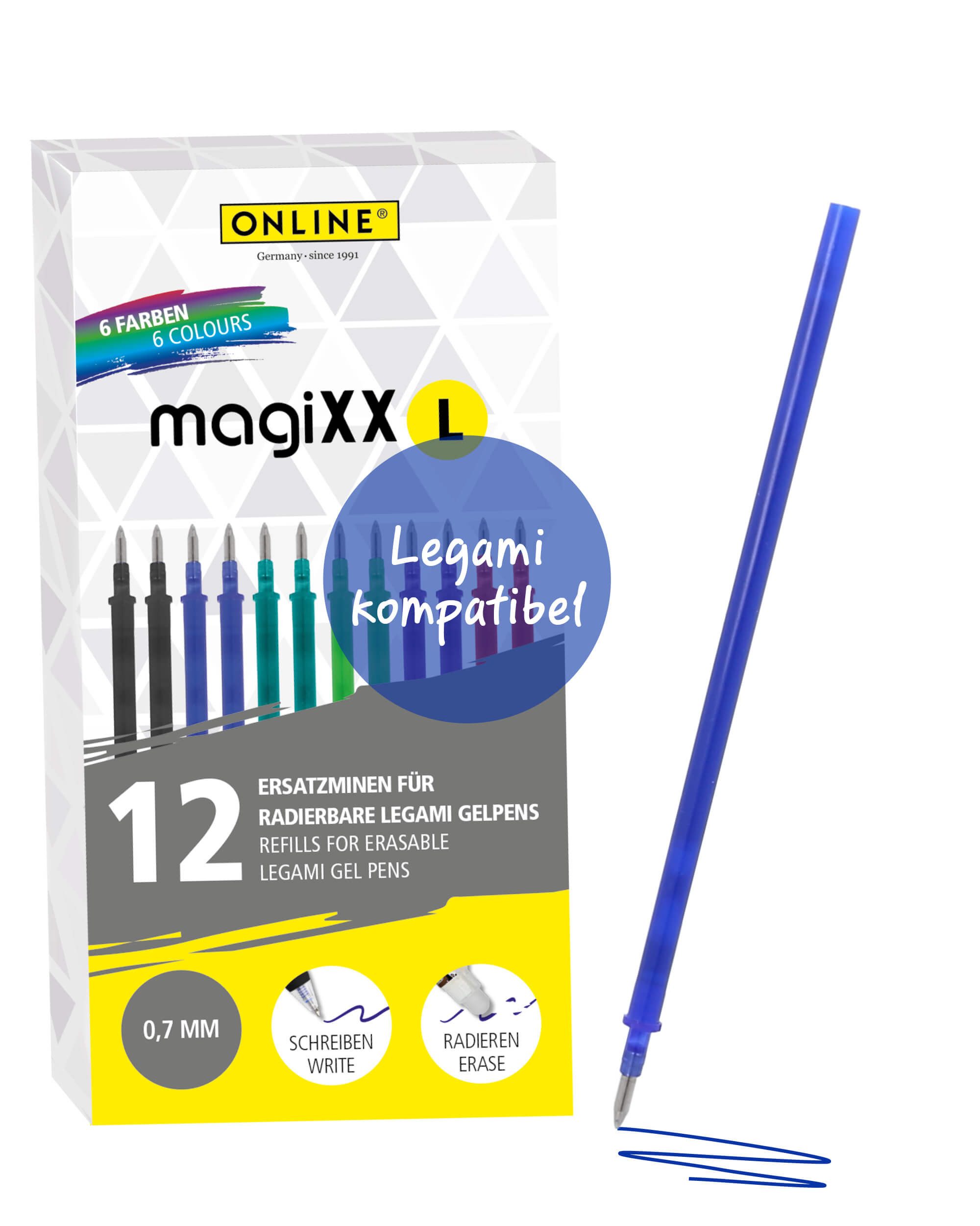 Online Pen Ersatzmine 12x radierbare Minen Bunt, für Legami Gelstifte, magiXX L, Spar-Set, 12x bunte radierbare Ersatz-Minen