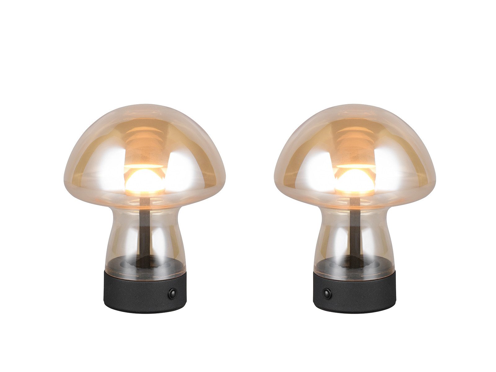 Reality Leuchten LED Tischleuchte, Dimmfunktion, LED fest integriert, Warmweiß, 2er SET kleine kabellose Pilzlampe mit Akku per USB aufladbar, H: 18cm