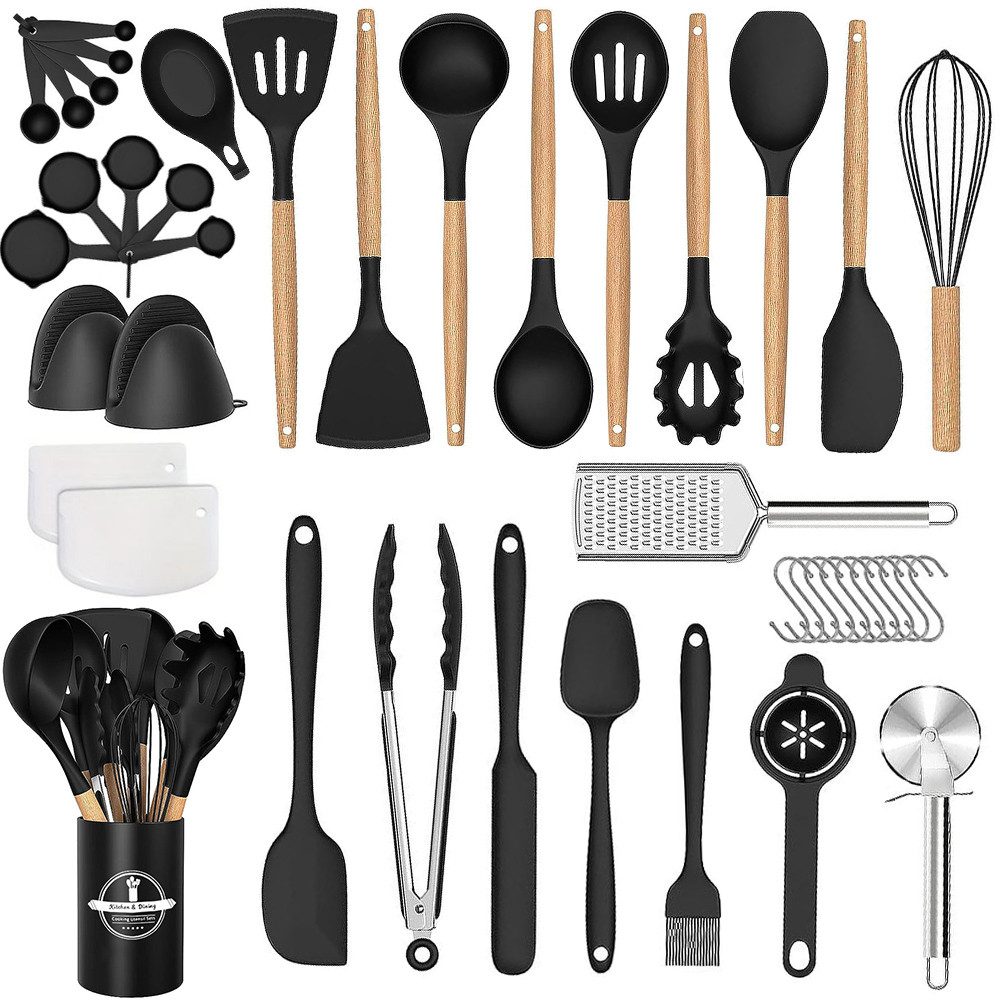 YMQHBS Kochbesteck-Set Küchenutensilien Set (43-tlg), Beste Küchenutensilien mit Halter (Set, 43-tlg., Löffel, Pfannenwender, Nudelportionierer, Pizzarädchen, Reibe), Tortenstreicher,Messbecher,Fettpinsel,Backofenhandschuh,Haken