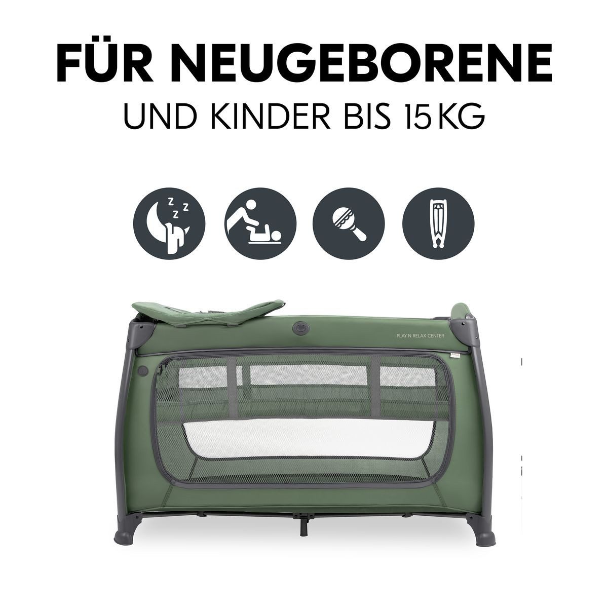 Hauck Baby-Reisebett Play N Relax Center Set - Dark Green, Babyreisebett mit Matratze, Insektenschutz, Wickelauflage & Einhang