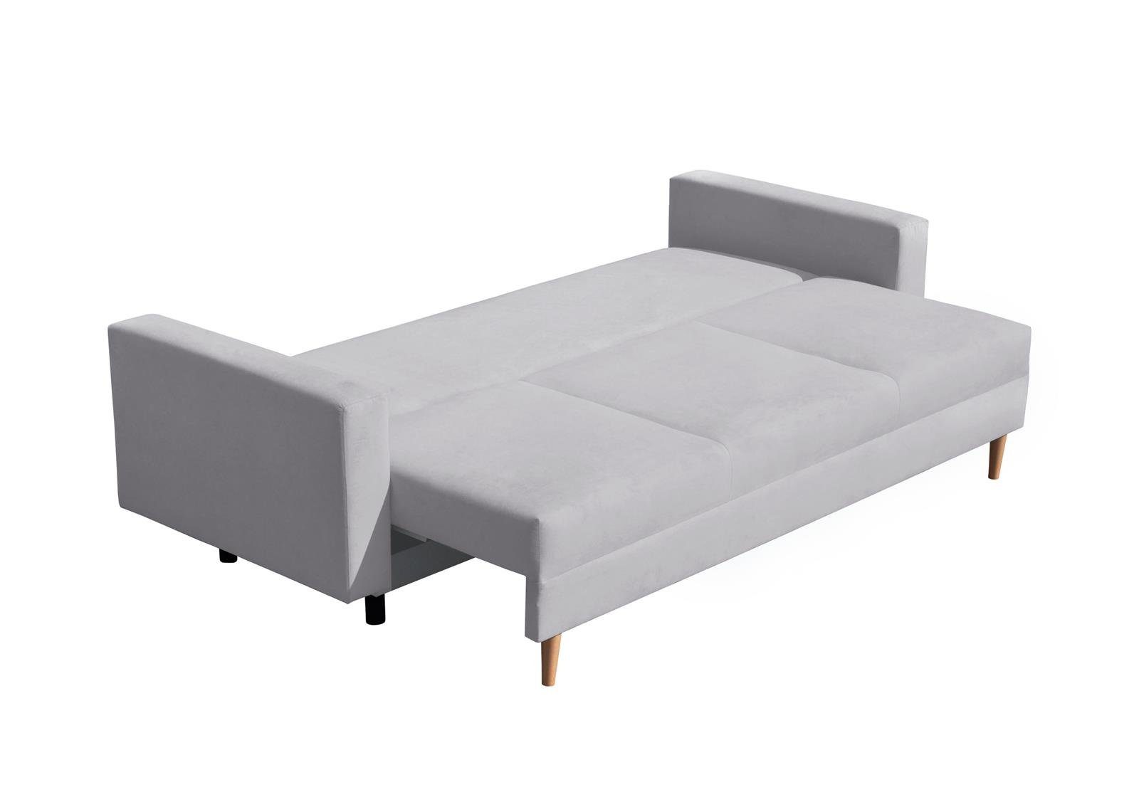 (trinity 3-Sitzer Wellenunterfederung, Beautysofa skandinavisches Hellgrau 32) Holzbeine, Bettkasten, Design, mit 3-Sitzer Sofa Relaxfunktion MILAN,