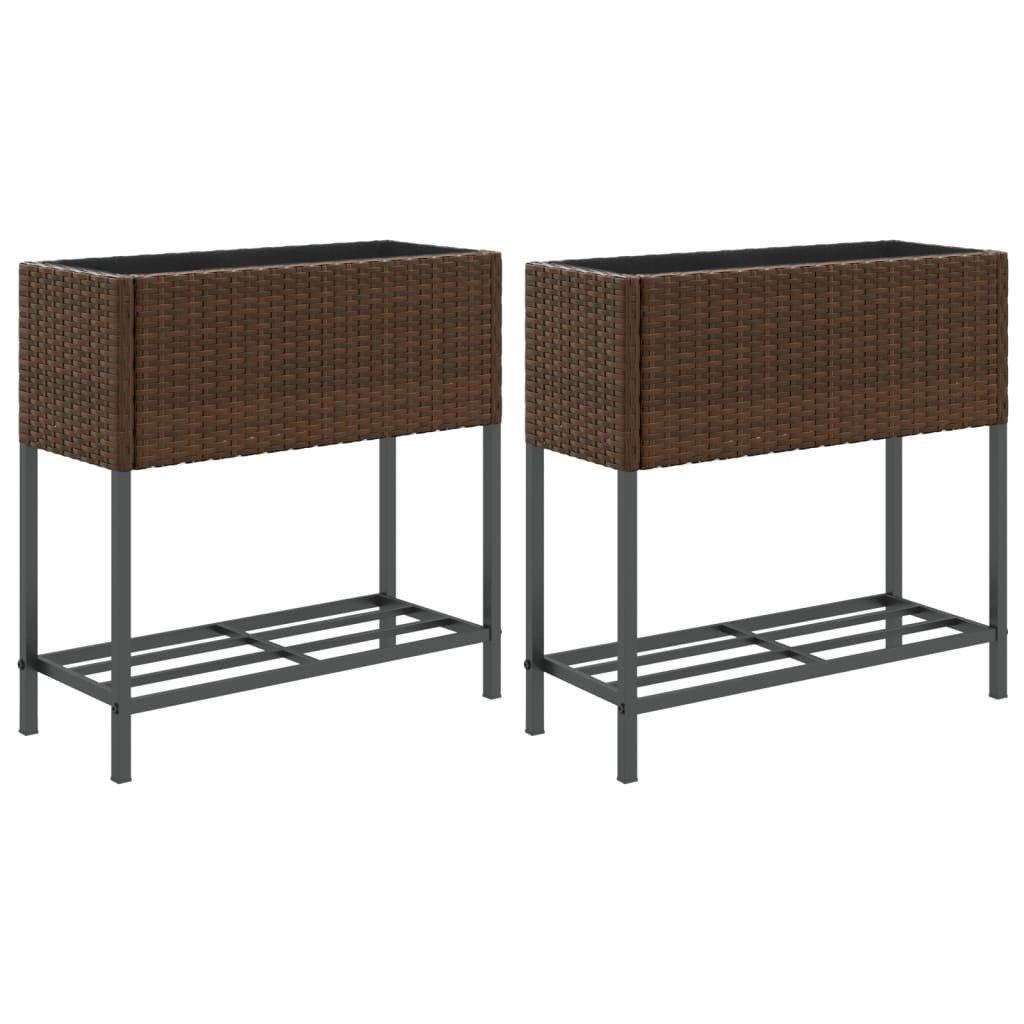 vidaXL Hochbeet Hochbeete mit Ablage 2 Stk. Braun 70x28x70 cm Poly Rattan (2 St)
