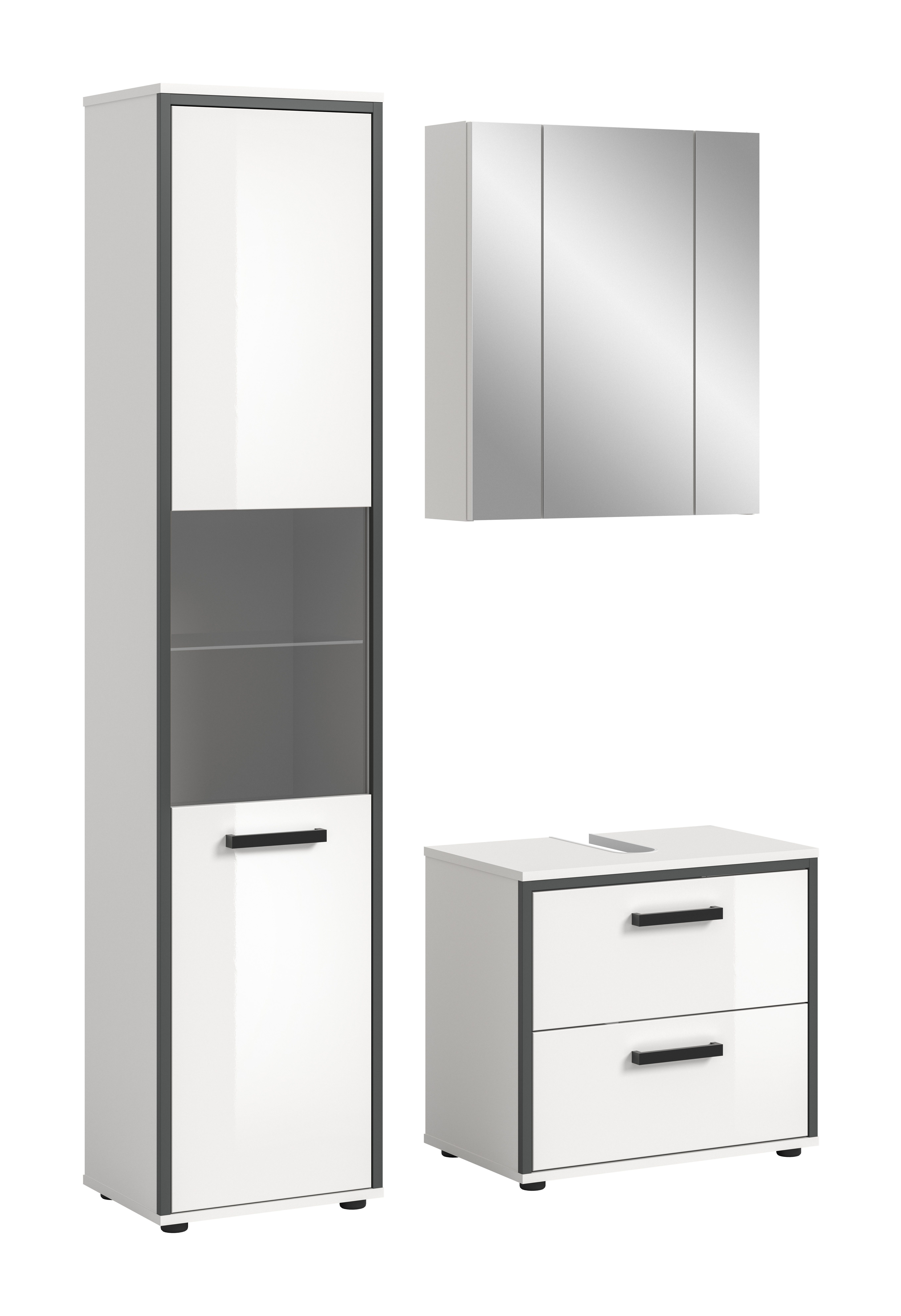 furnling Badmöbel-Set Kovan, (3-St., Hochschrank, Spiegelschrank, Waschbeckenunterschrank), Hochschrank mit Glastür, viel Stauraum, pflegeleichte MDF Front, weiß