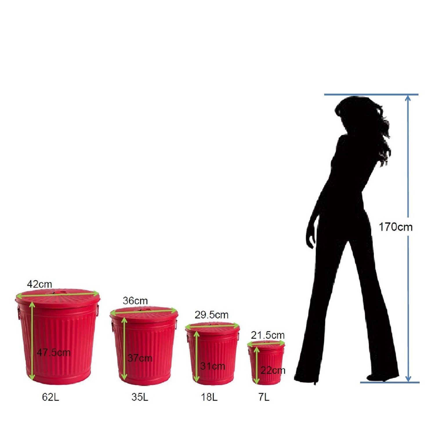 Jinfa Mülleimer mit Deckel, Ascheeimer, Mülltonne, aus Metall, Höhe 21,5cm Ø Oben 21,5 cm, Vol.: 7 Liter