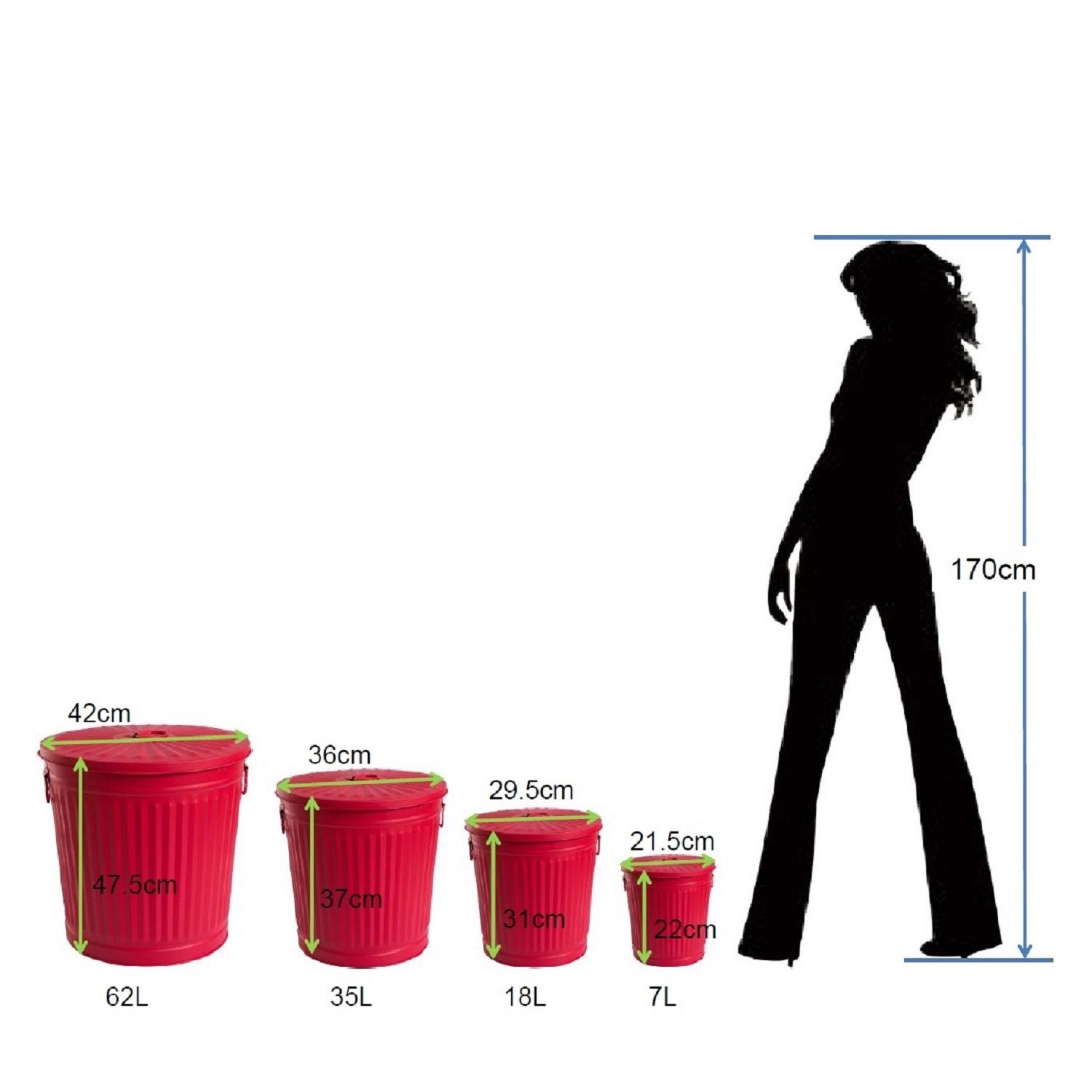 21,5cm Vol.: Ø Oben Mülltonne, Liter Ascheeimer, Metall, aus 7 Rot mit cm, 21,5 Jinfa Deckel, Mülleimer Höhe