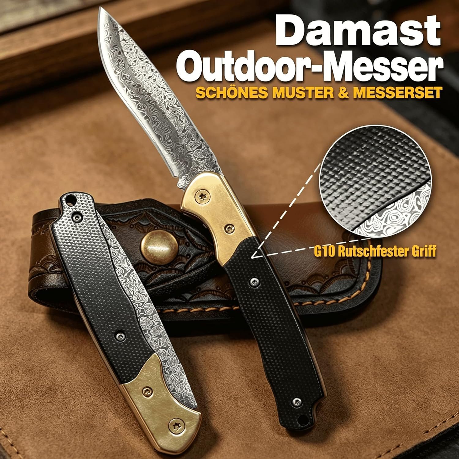 KingLux Damastmesser Damast Klappmesser Taschenmesser Jagdmesser Camping Zweihandmesser