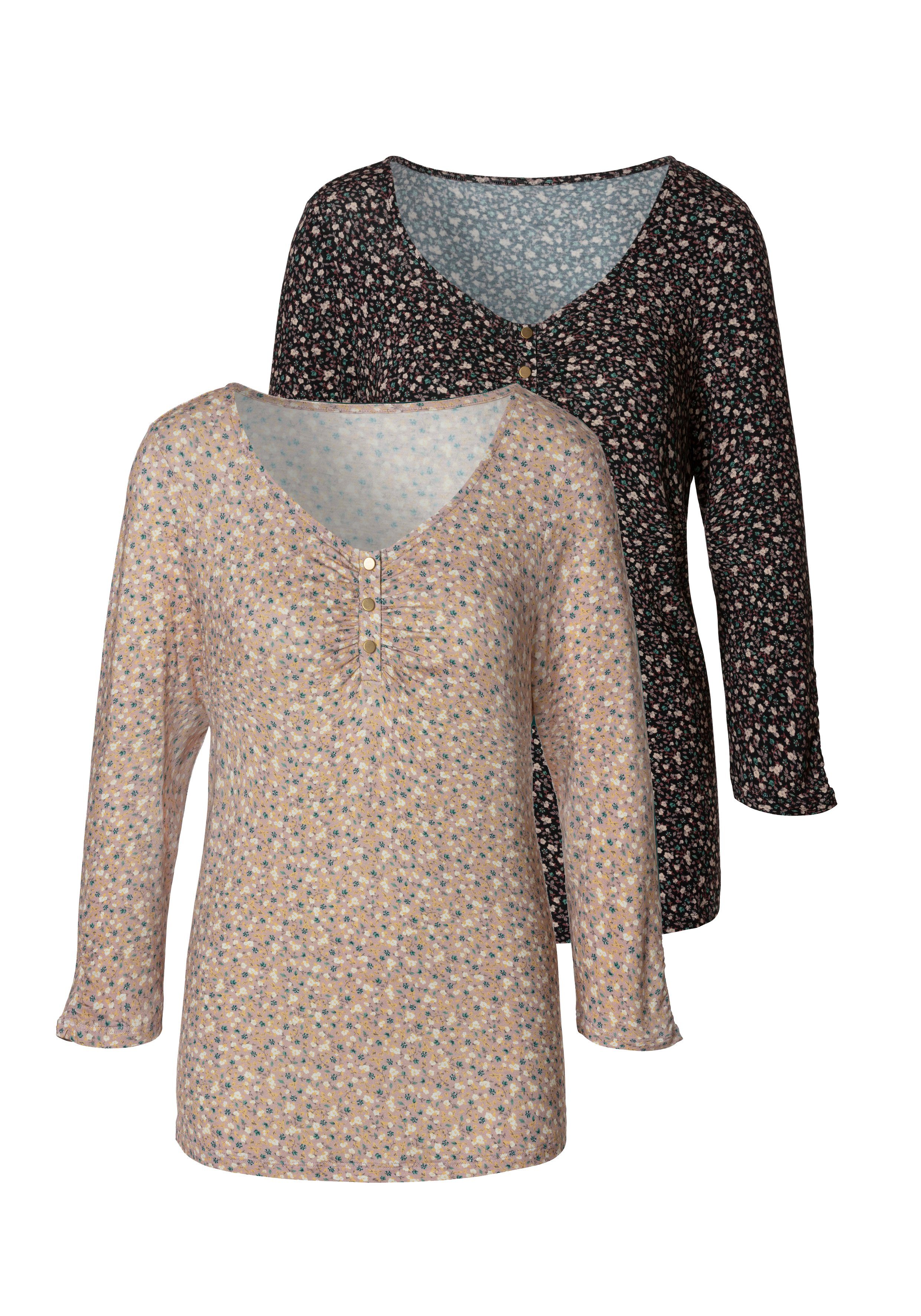 3/4-Arm-Shirt mit kurzer Zierknopfleiste