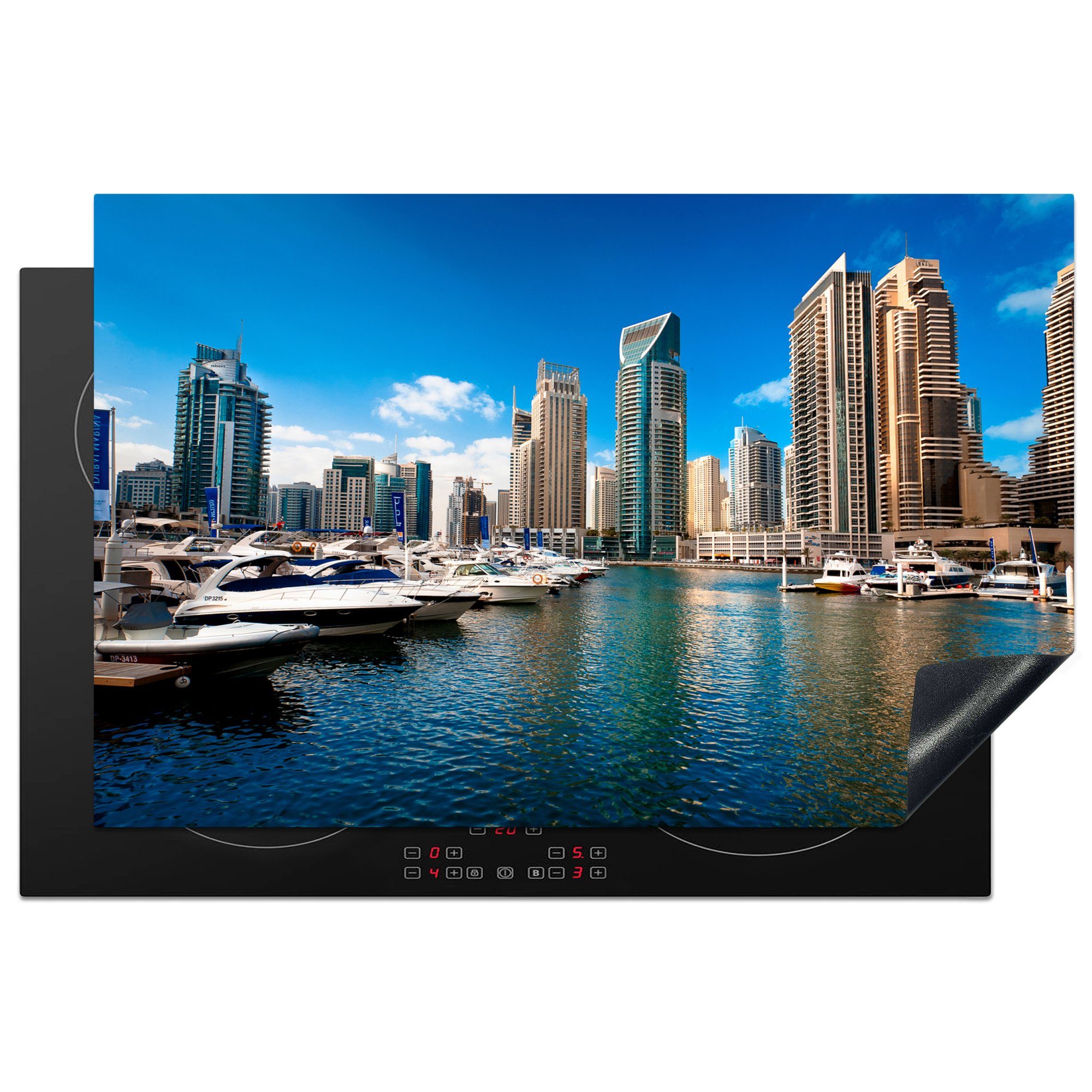 küche, Dubai, für die cm, Vinyl, 81x52 Schutz Induktionskochfeld tlg), Herdblende-/Abdeckplatte Yachthafen-Terrasse (1 Ceranfeldabdeckung MuchoWow
