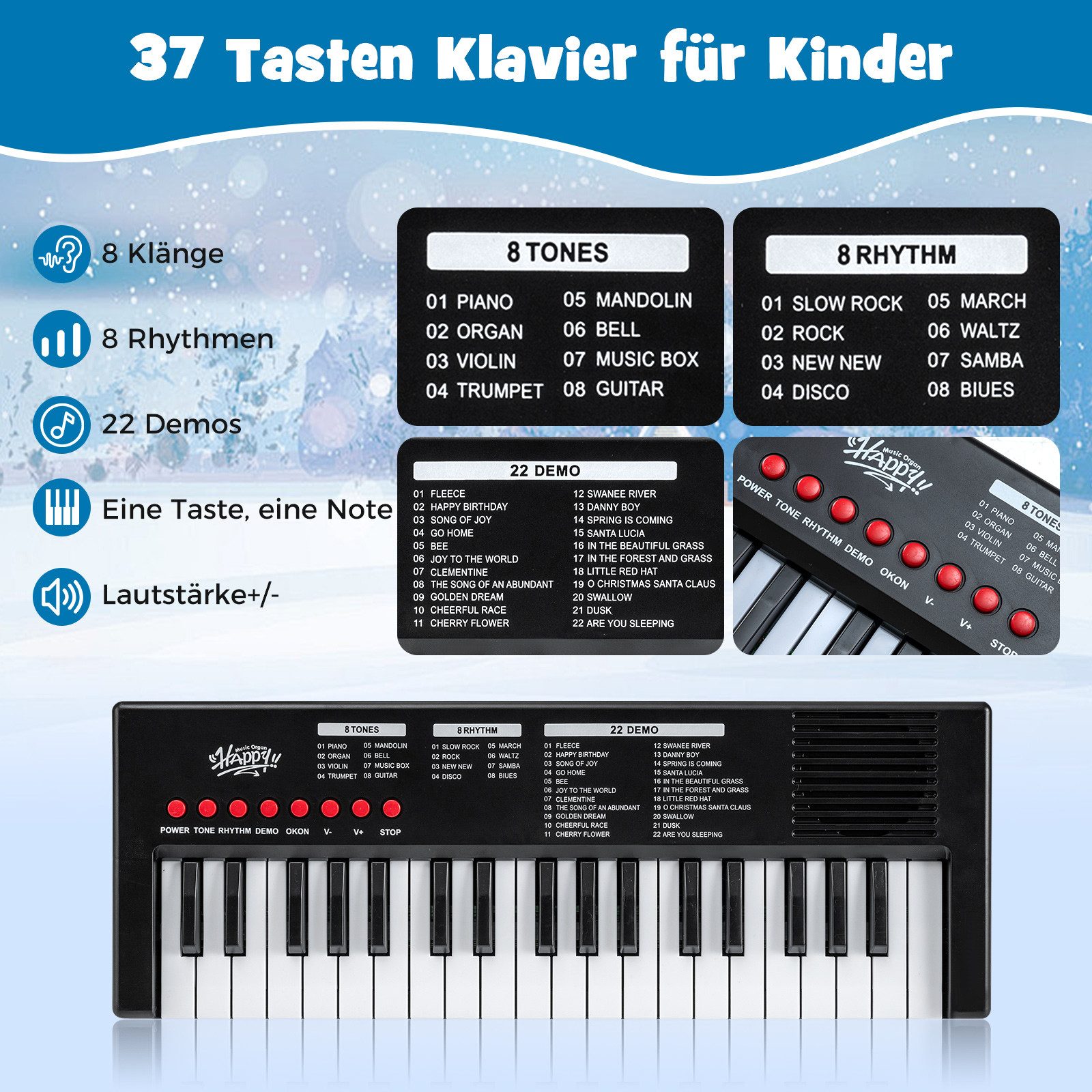 COSTWAY Home-Keyboard (1-St), Kinder Klavier Keyboard, 37 Tasten E-Piano, tragbar