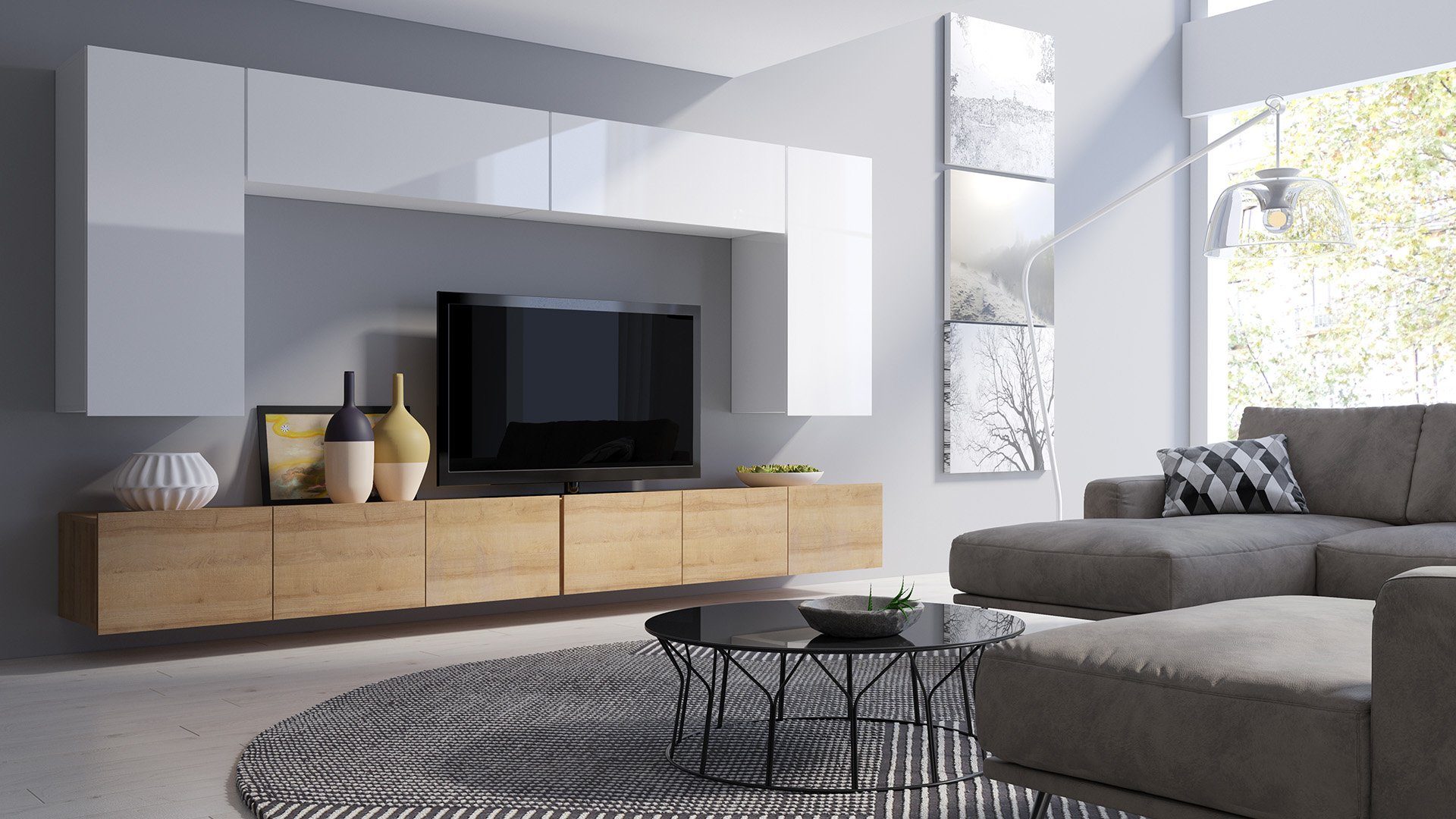 Stylefy Wohnwand Bietula, (Set (6-St), Wohnzimmer-Set), 6-teilig, FSC-Zertifizierung, Modern Design, variabel hängbar Weiß Hochglanz - Wotan Eiche