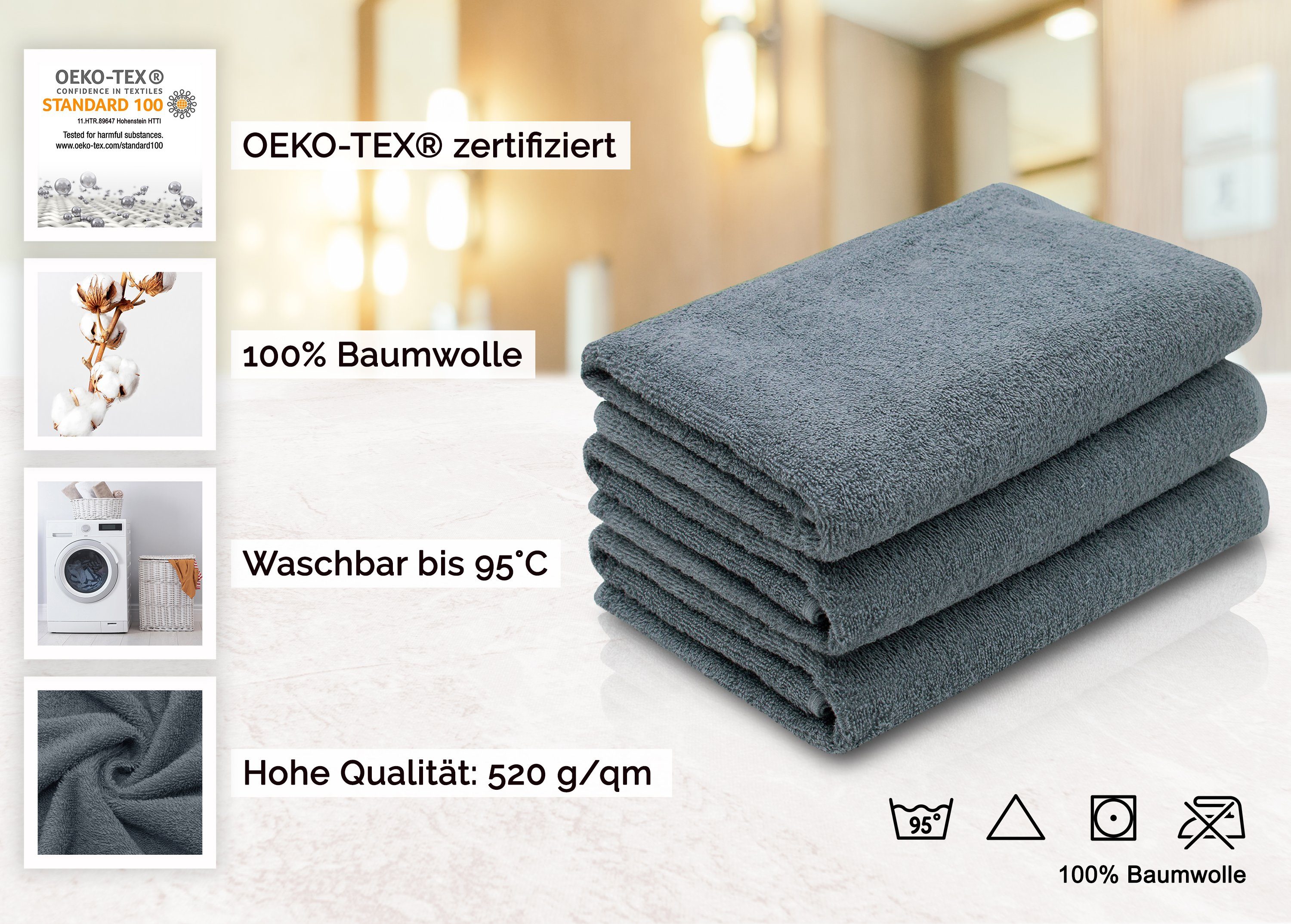 140 x (3-St), vom Duschtücher, grau Hotelwäschespezialisten Baumwolle, Walkfrottier 100% 70 cm, ZOLLNER