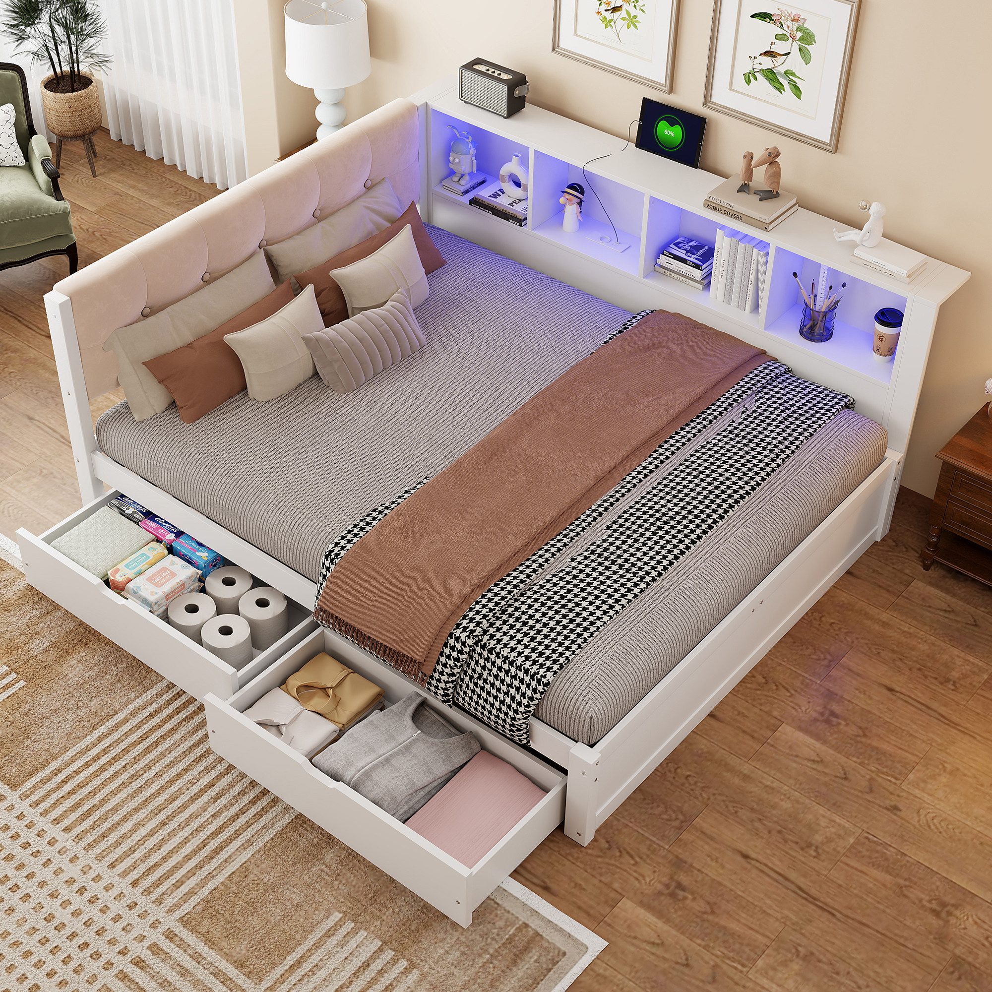 Merax Daybett mit LED-Beleuchtung & USB Anschluss (Jugendbett Schlafsofa Sofabett Kinderbett mit gepolstertem Kopfteil, 1 tlg), Kiefernholz Tagesbett 140x200 cm mit Schubladen, Regal & Stauraum