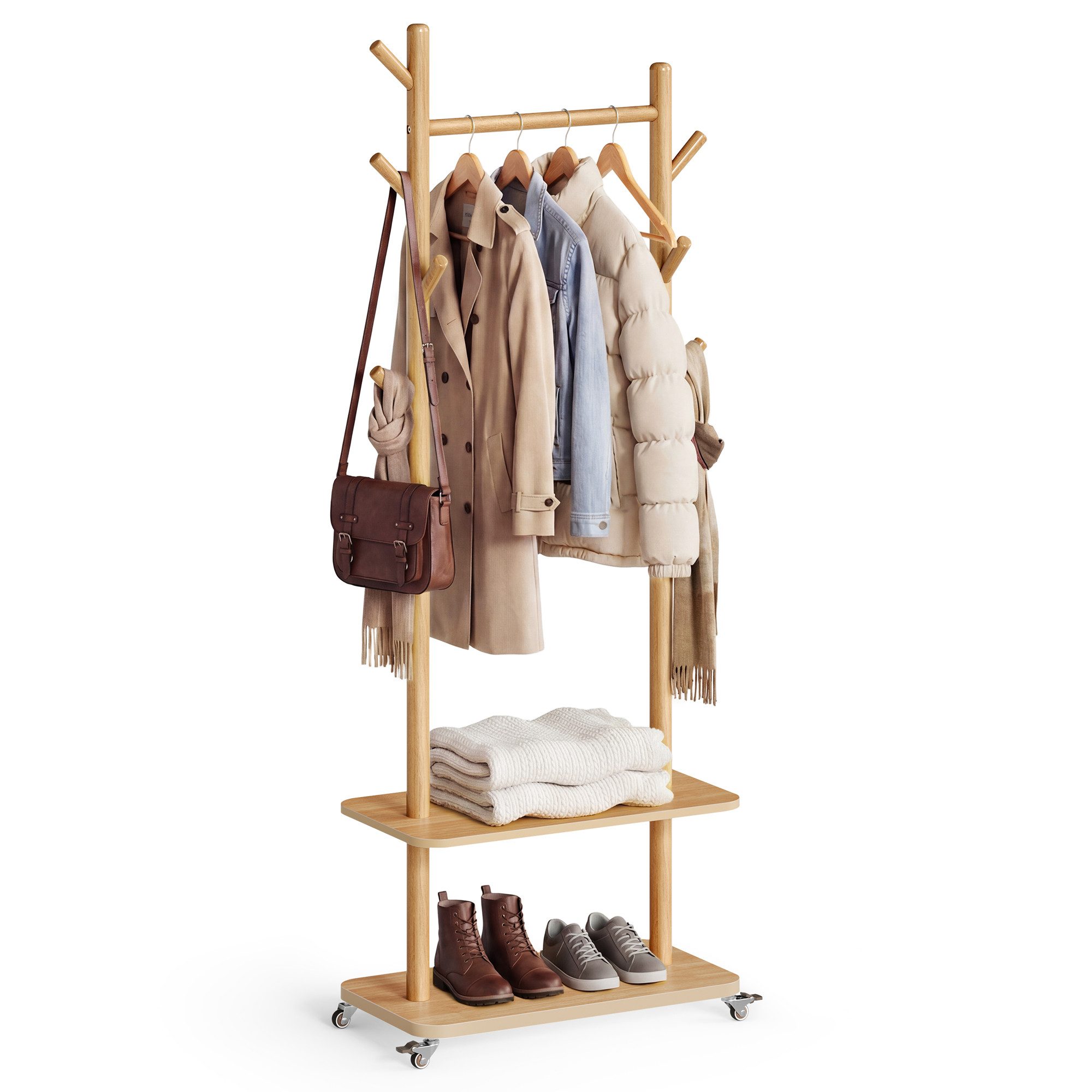 VASAGLE Garderobenständer Kleiderständer, Flur, Schlafzimmer, Wohnzimmer, Haken und Stange aus Massivholz