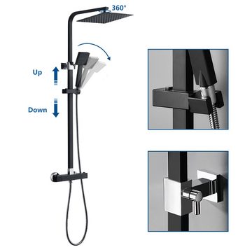 AuraLum pro Duschsystem Schwarz Thermostat Duschsäule-Set,höhenverstellb, Höhe 120 cm, 2 Strahlart(en), Überkopfbrauseset mit 24.8cm Durchmesser