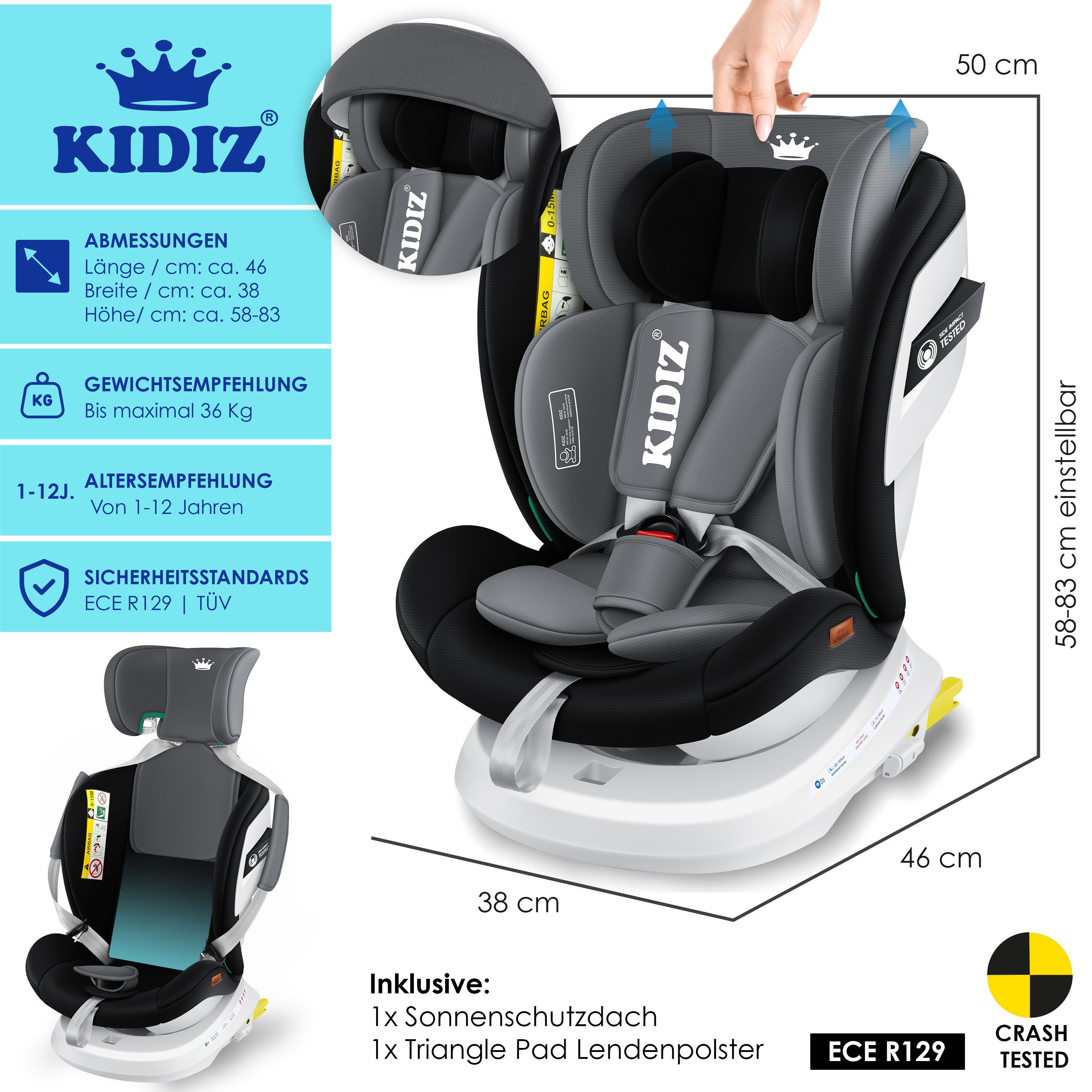 KIDIZ Autokindersitz, Kindersitz Baby Autositz Kinderautositz Isofix Top Tether 360