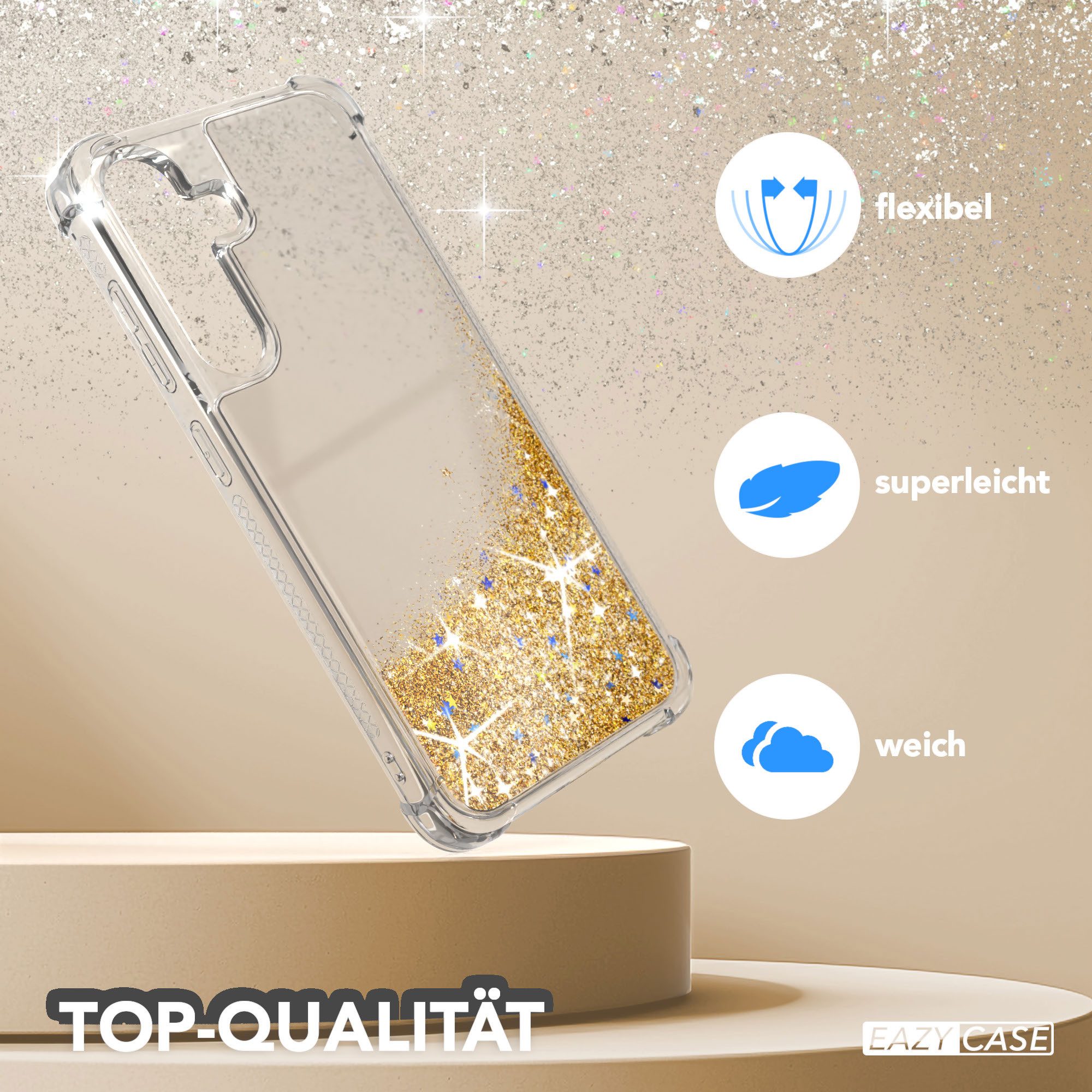 EAZY CASE Handyhülle Liquid Glittery Case für Samsung Galaxy S25 FE 6,7 Zoll, Durchsichtig Back Case Handy Softcase Silikonhülle Glitzer Cover Gold – Bild 3 von 5