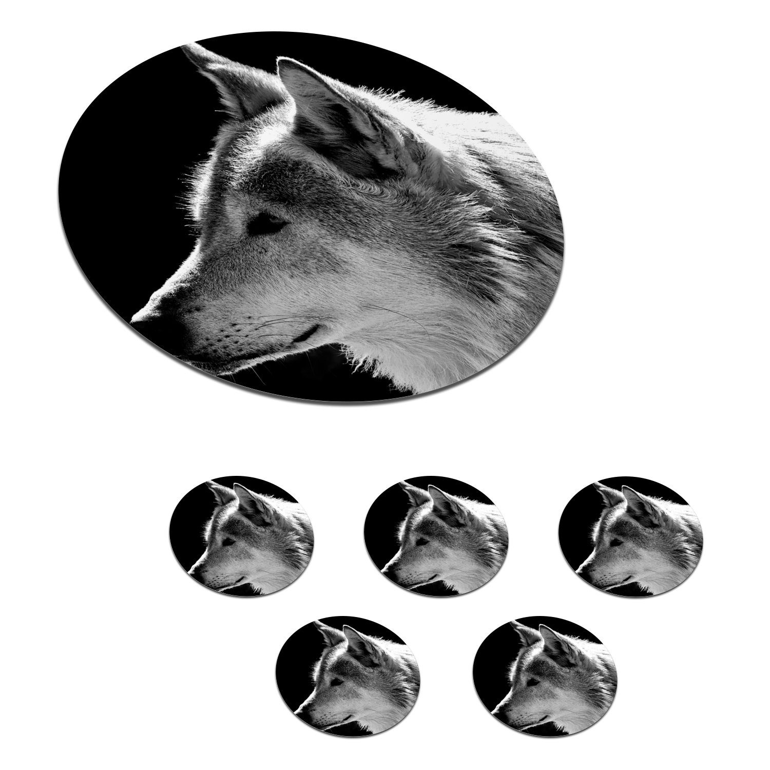MuchoWow Glasuntersetzer Wildlife - Wolf - Schwarz - Weiß, Zubehör für Gläser, 6-tlg., Getränkeuntersetzer, Tassenuntersetzer, Korkuntersetzer, Tasse, Becher