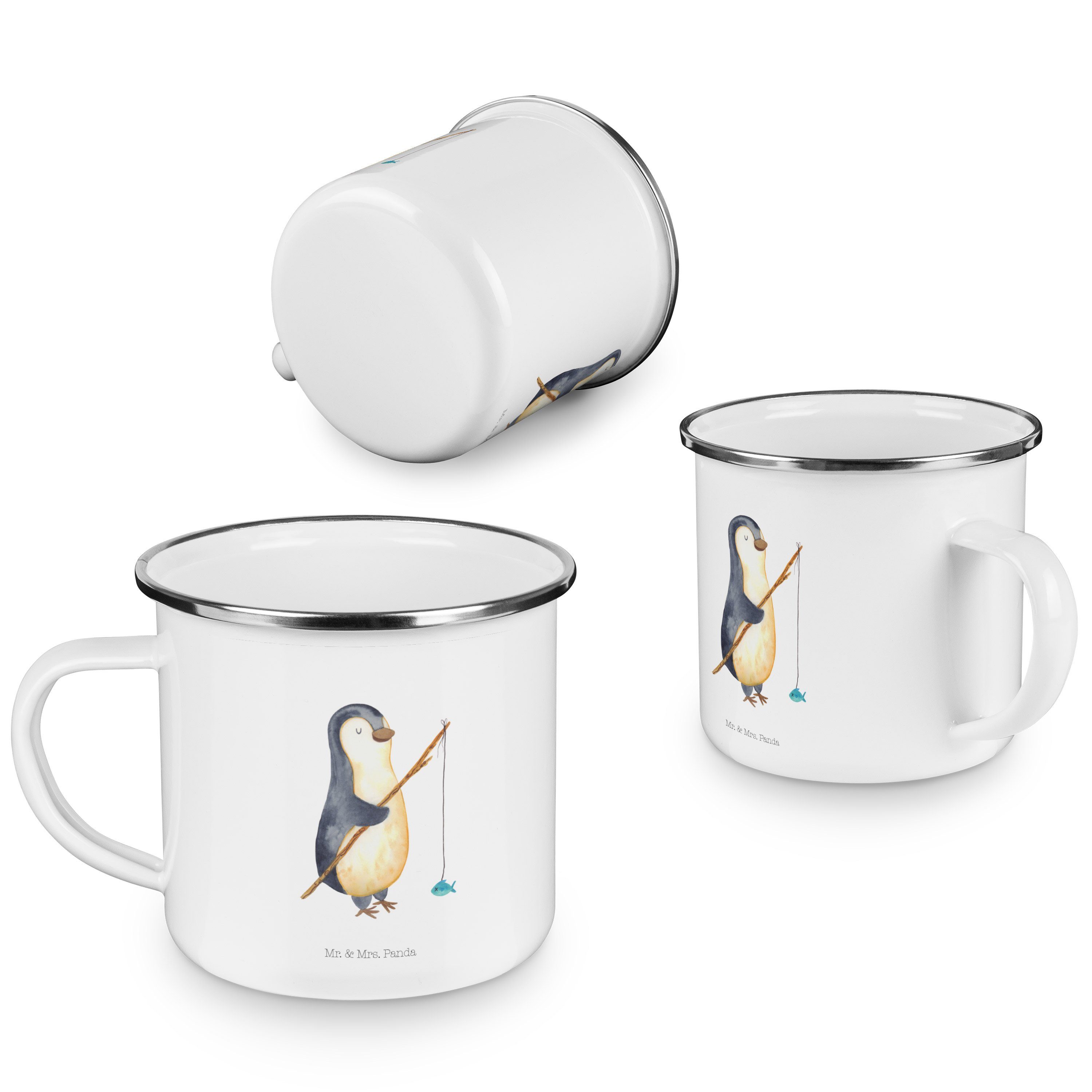 Mr. & Mrs. Panda Becher Pinguin Angler - Weiß - Geschenk, Edelstahl Trinkbecher, Hobby, Kaffe, Emaille