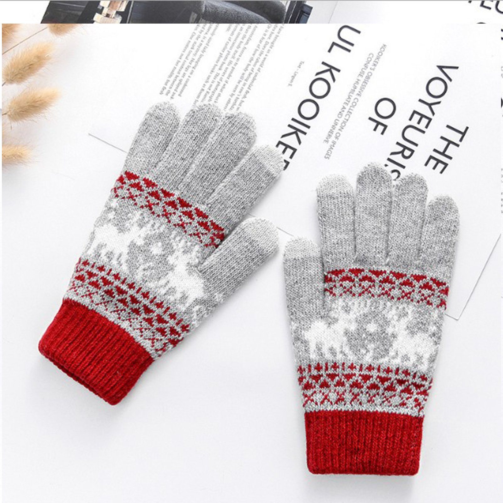 rot grau Touchscreen-Handschuhe Verdickte Fleecehandschuhe Strickhandschuhe Wärmende Damenhandschuhe, Gestrickte Blusmart