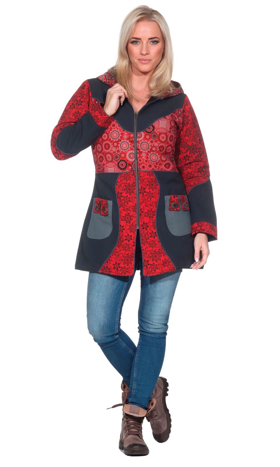 KUNST UND MAGIE Langjacke Kunst und Magie Damenmantel + Kapuze Blumenmuster Jacke Baumwolle Boho – Bild 5 von 5