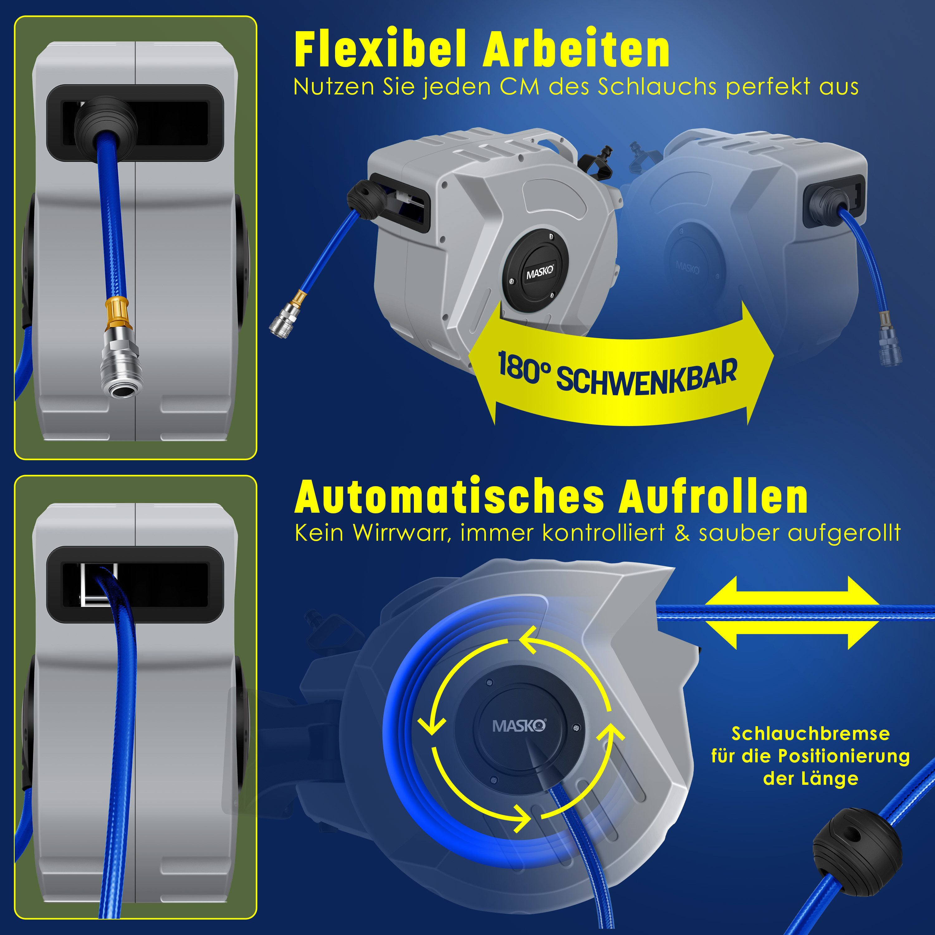 MASKO Hochdruckschlauch, Aufroller Automatik Druckluftschlauch Trommel 1/4 Anschluss Wandhalter