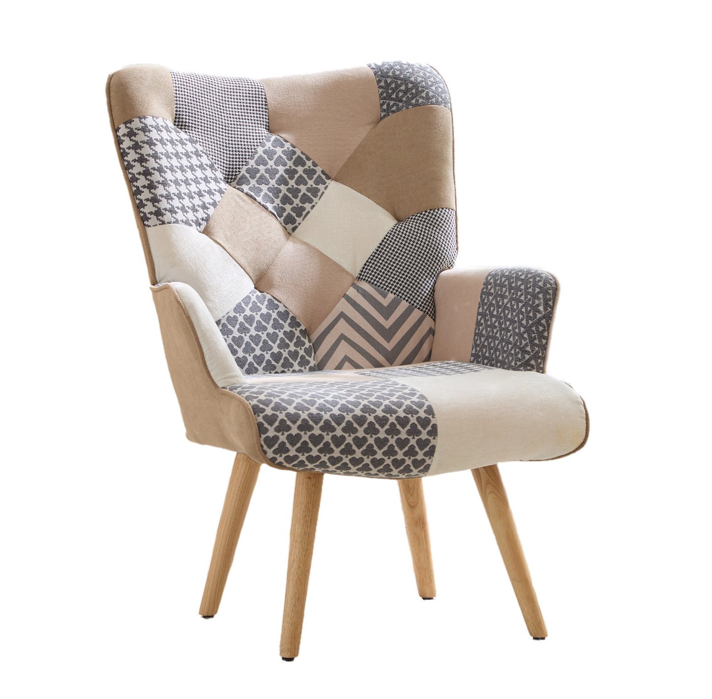 Aunekiv Sessel Patchwork-Sessel Ohrensessel aus Leinen mit Massivholz-Füßen (1-St), Relaxsessel für Wohnzimmer, Schlafzimmer & Leseecke