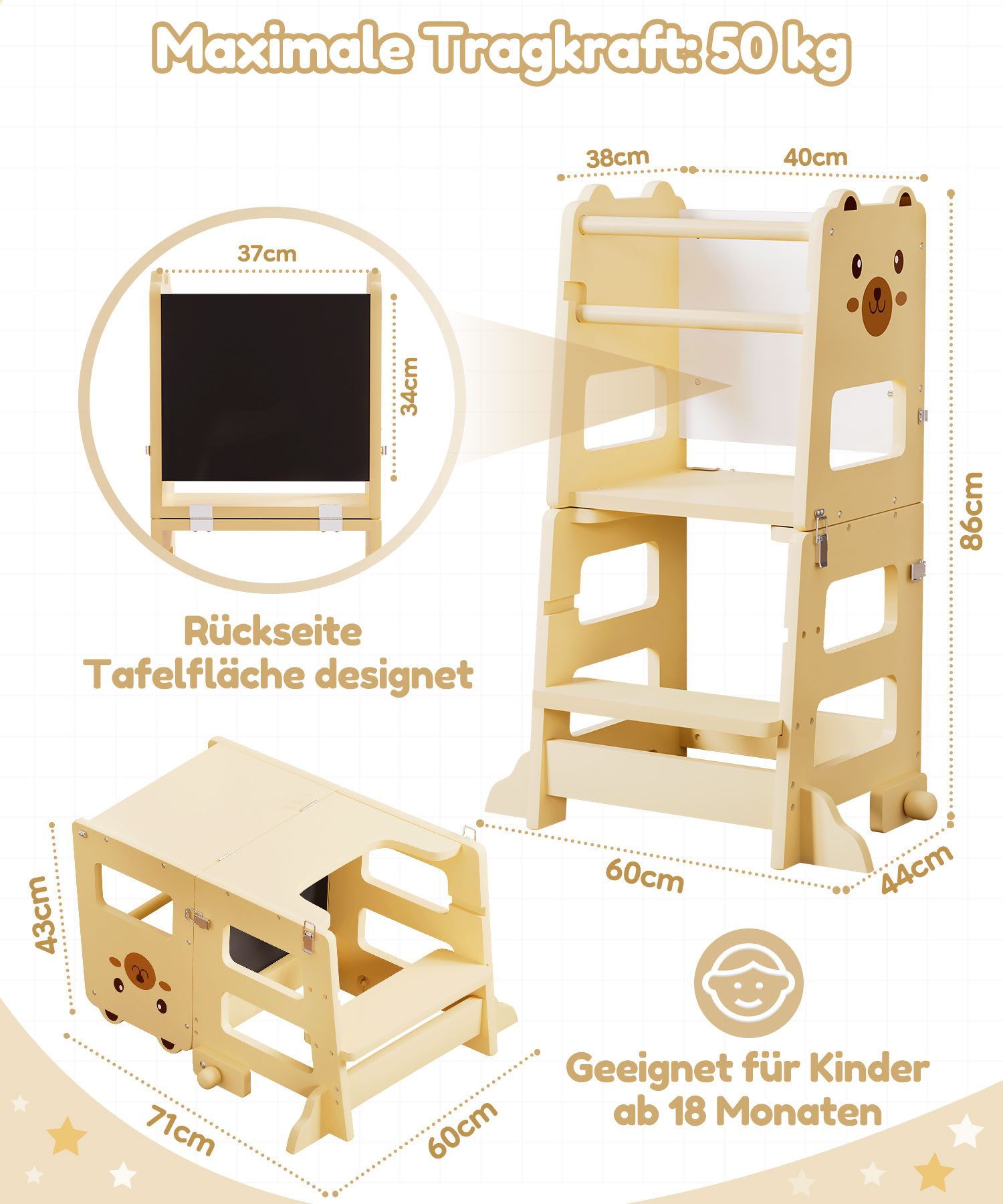 Yorbay Stehhilfe Lernturm (seitlichem Umkippschutz, 2 höhenverstellbaren Stufen), verstellbar zum Kindertisch inkl. Tafel