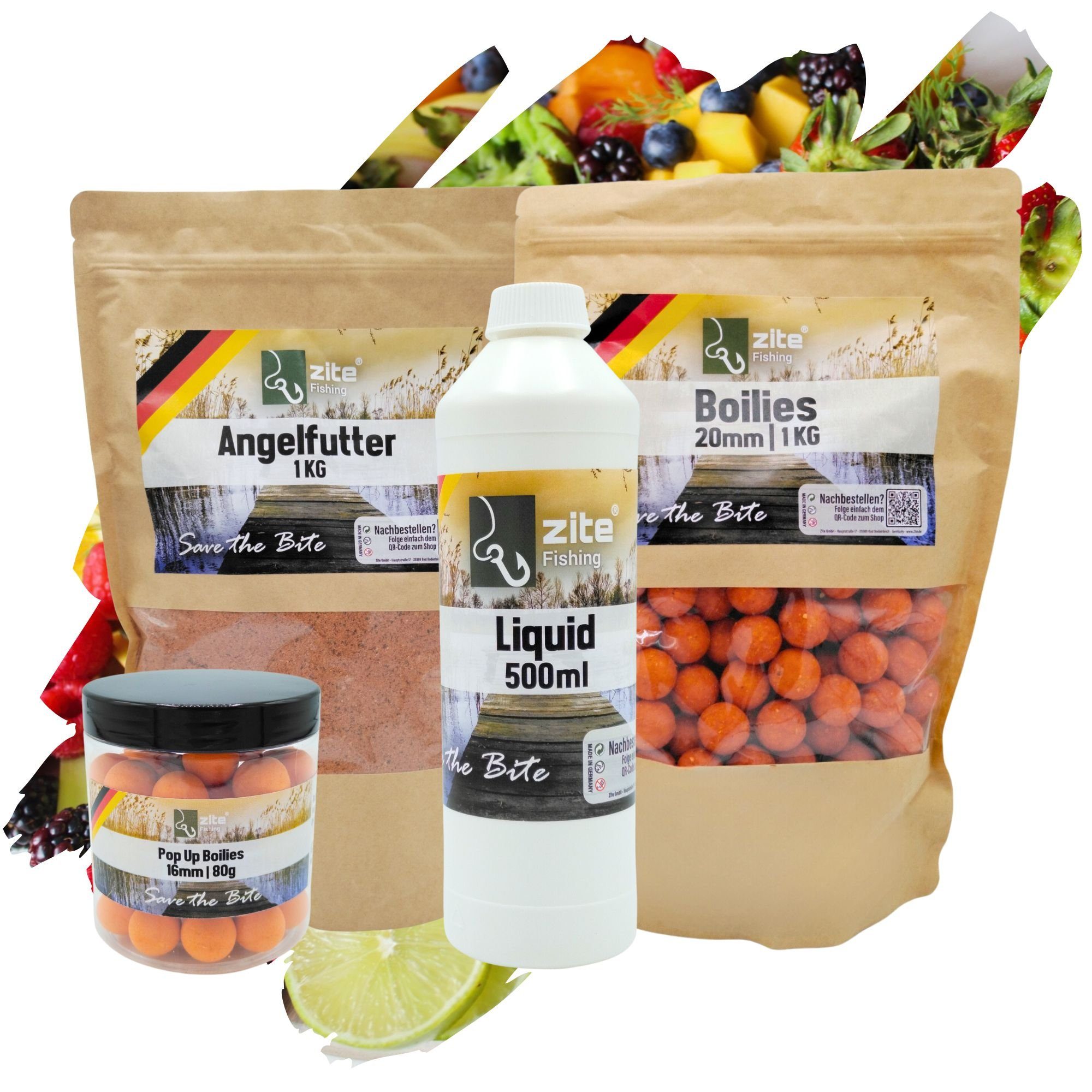 Zite Fischlockstoff Angelfutter Set 16+20mm Boilies, 500ml Liquid und 1kg Grundfutter
