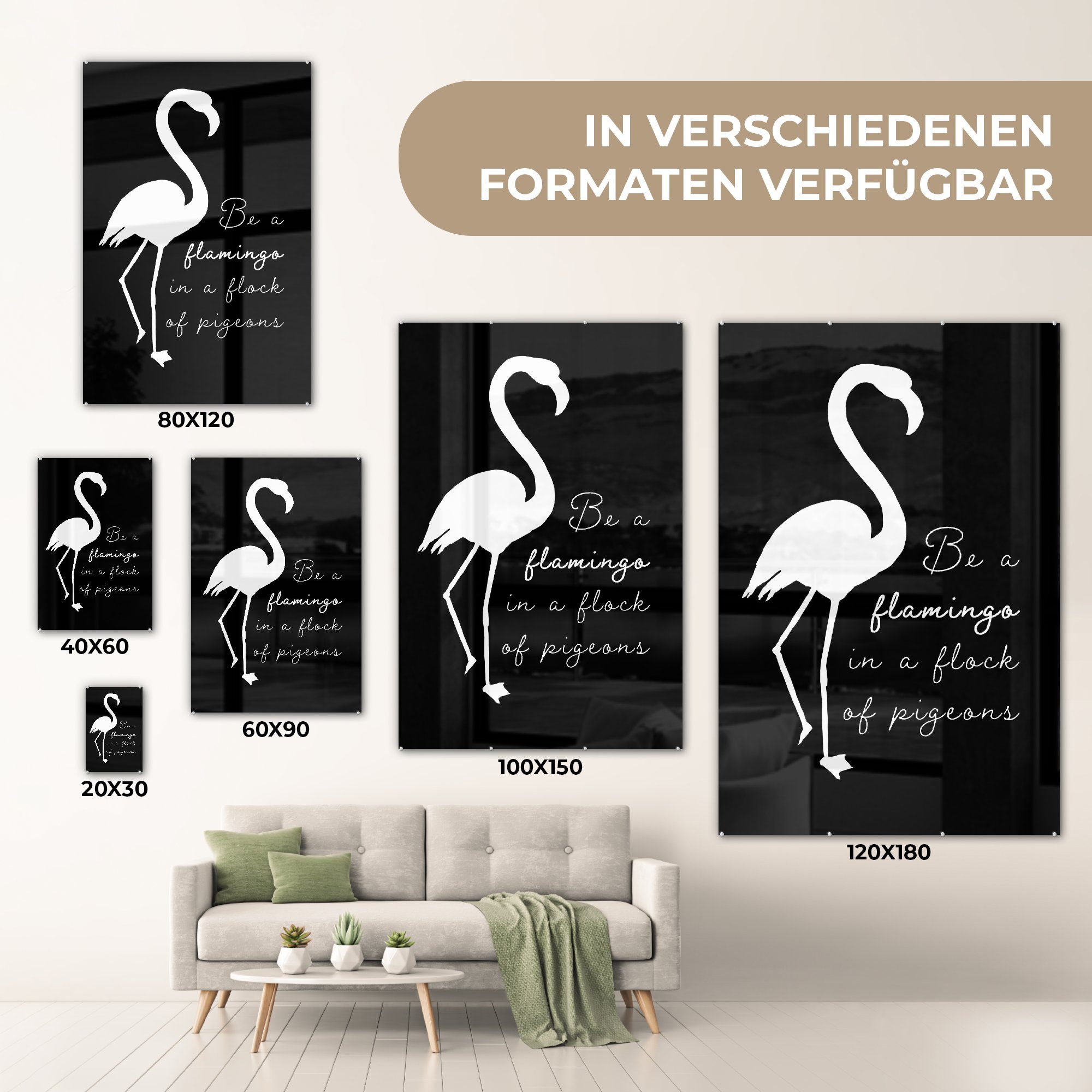 Glas Wanddekoration - Wandbild - auf Bilder Glas bunt Schwarz Weiß, MuchoWow auf Flamingo (1 Foto Acrylglasbild - - St), - Glasbilder
