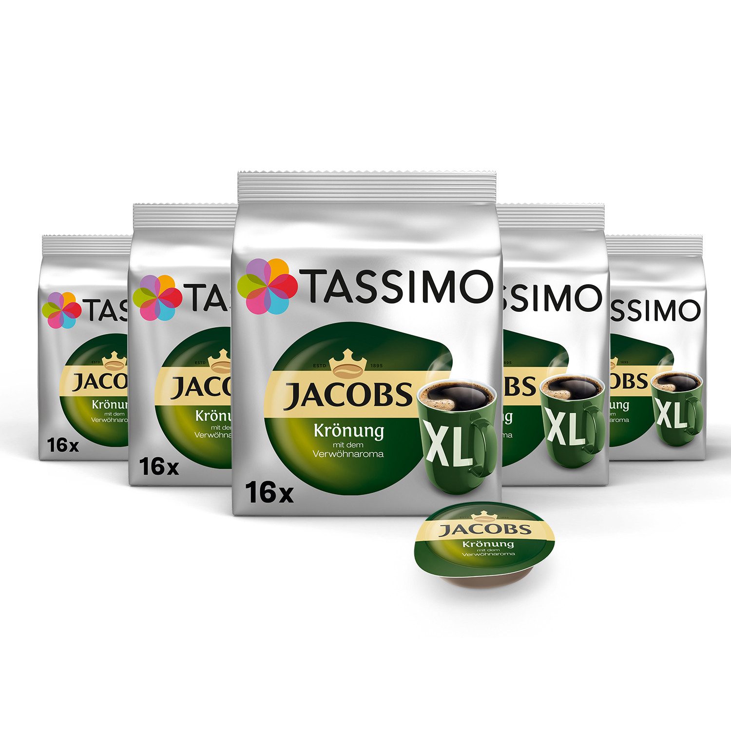 TASSIMO Kaffee Kapseln Jacobs Krönung XL T Discs 5 x 16 = 80 Kaffeekapseln, 720 g, (Packung, 5er Pack)