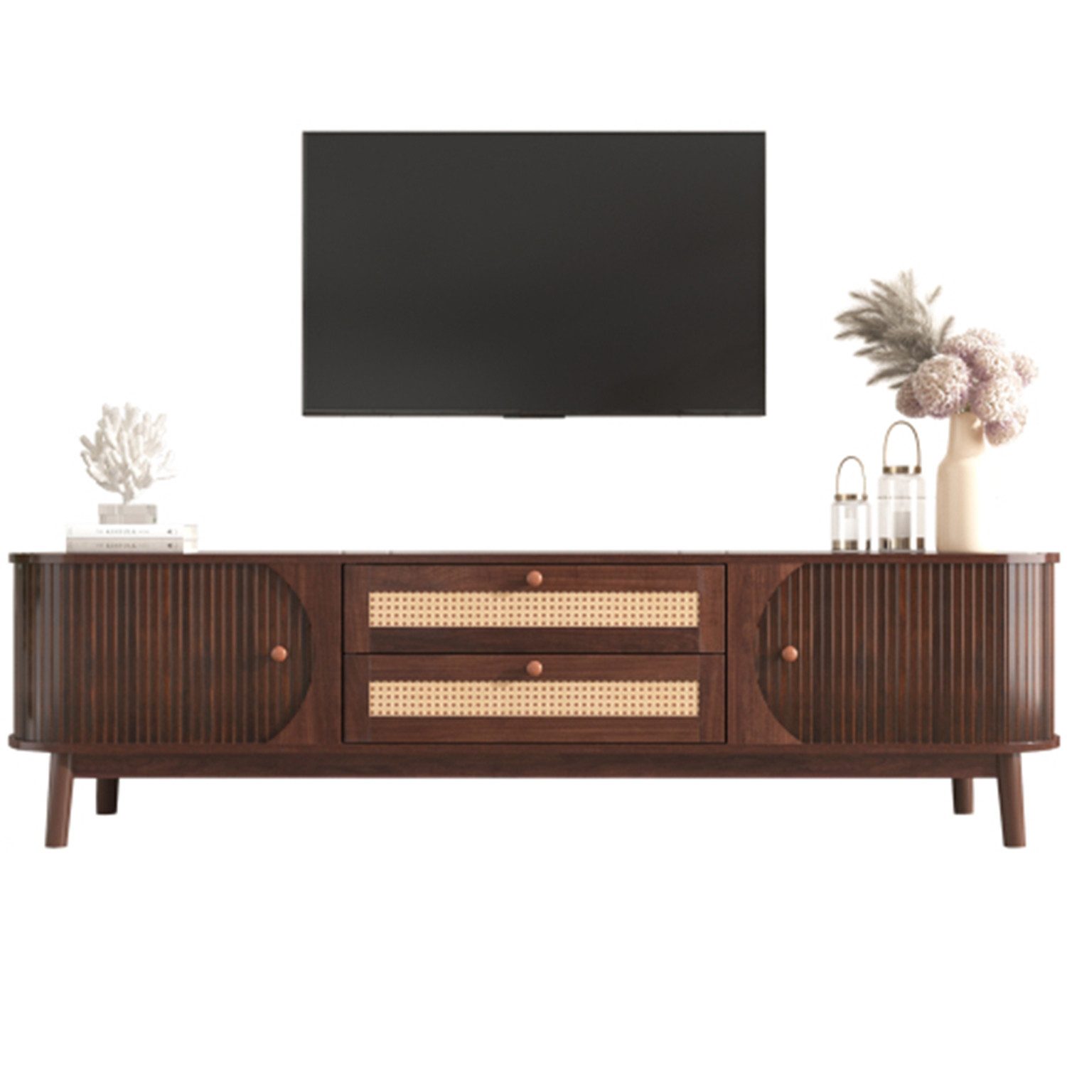 Celya TV-Schrank TV Board mit Türen und Schubladen, TV-Ständer mit Rattanseiten TV-Lowboard mit zwei Schiebetüren