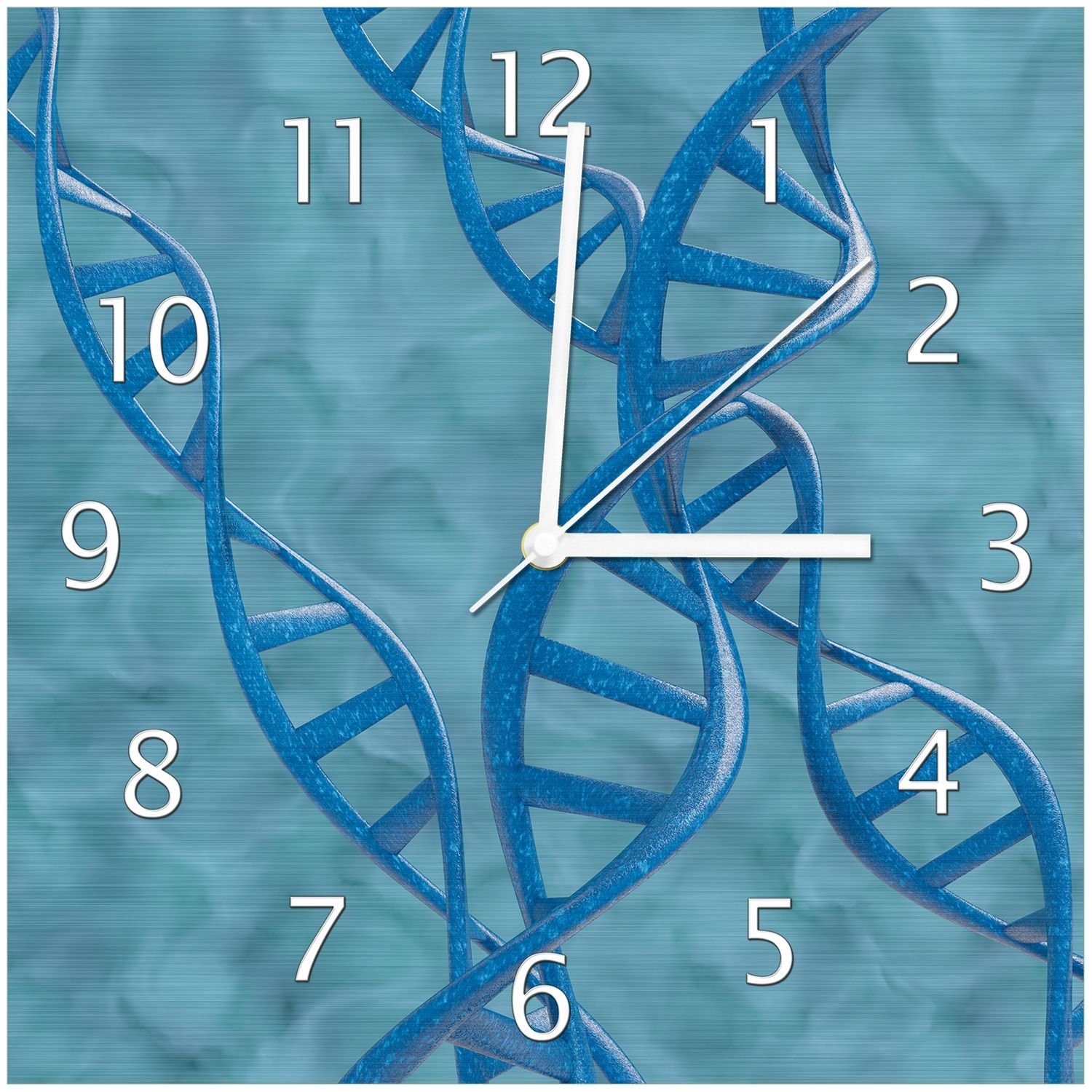 Wallario Wanduhr DNA-Strang in blau auf türkisem Hintergrund (Aluverbunduhr)