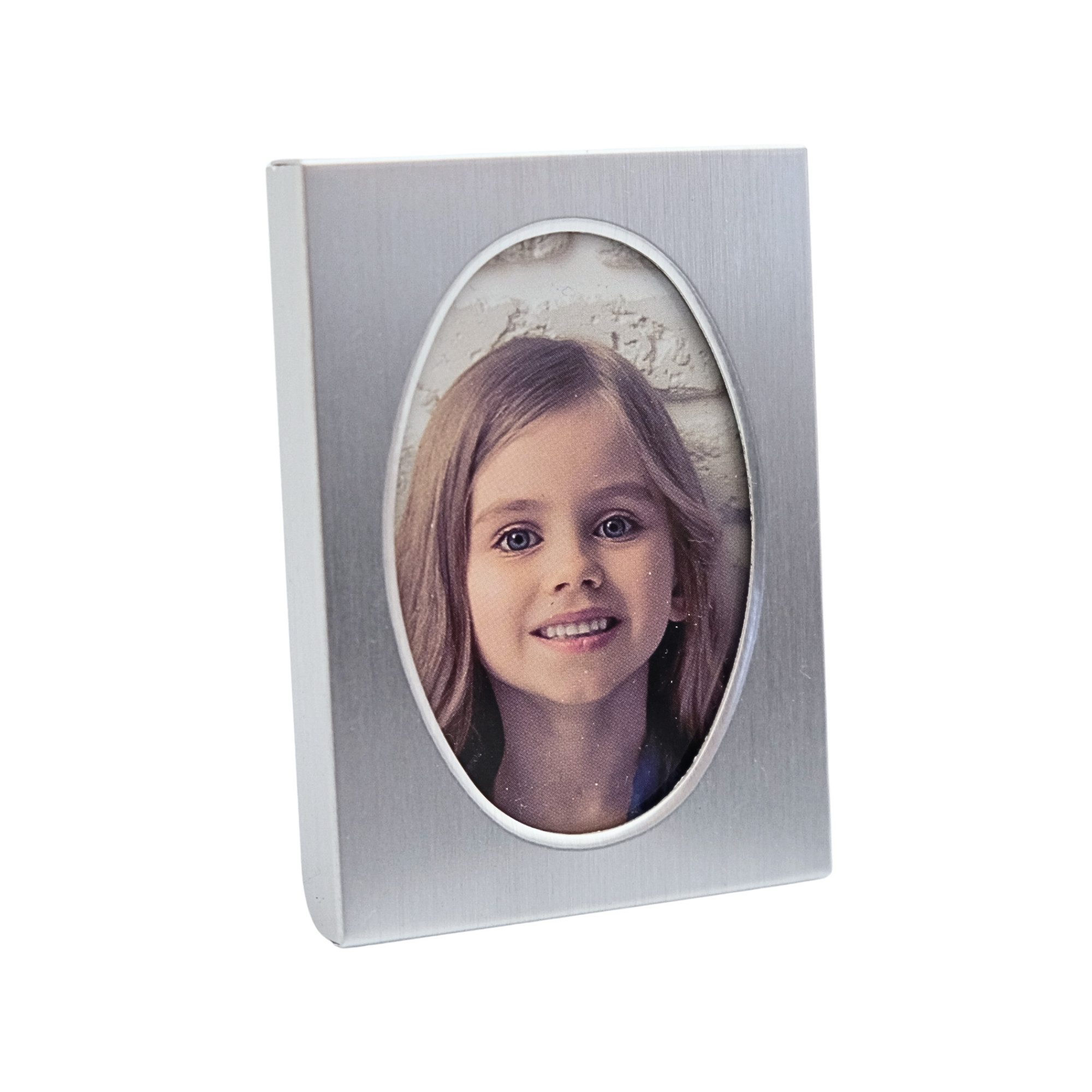 BEAZZ Bilderrahmen Bilderrahmen Fotorahmen, Passbild, Passfoto, 6,5 x 4,5 cm oval, Gebürstetes Aluminium, Echtglasscheibe