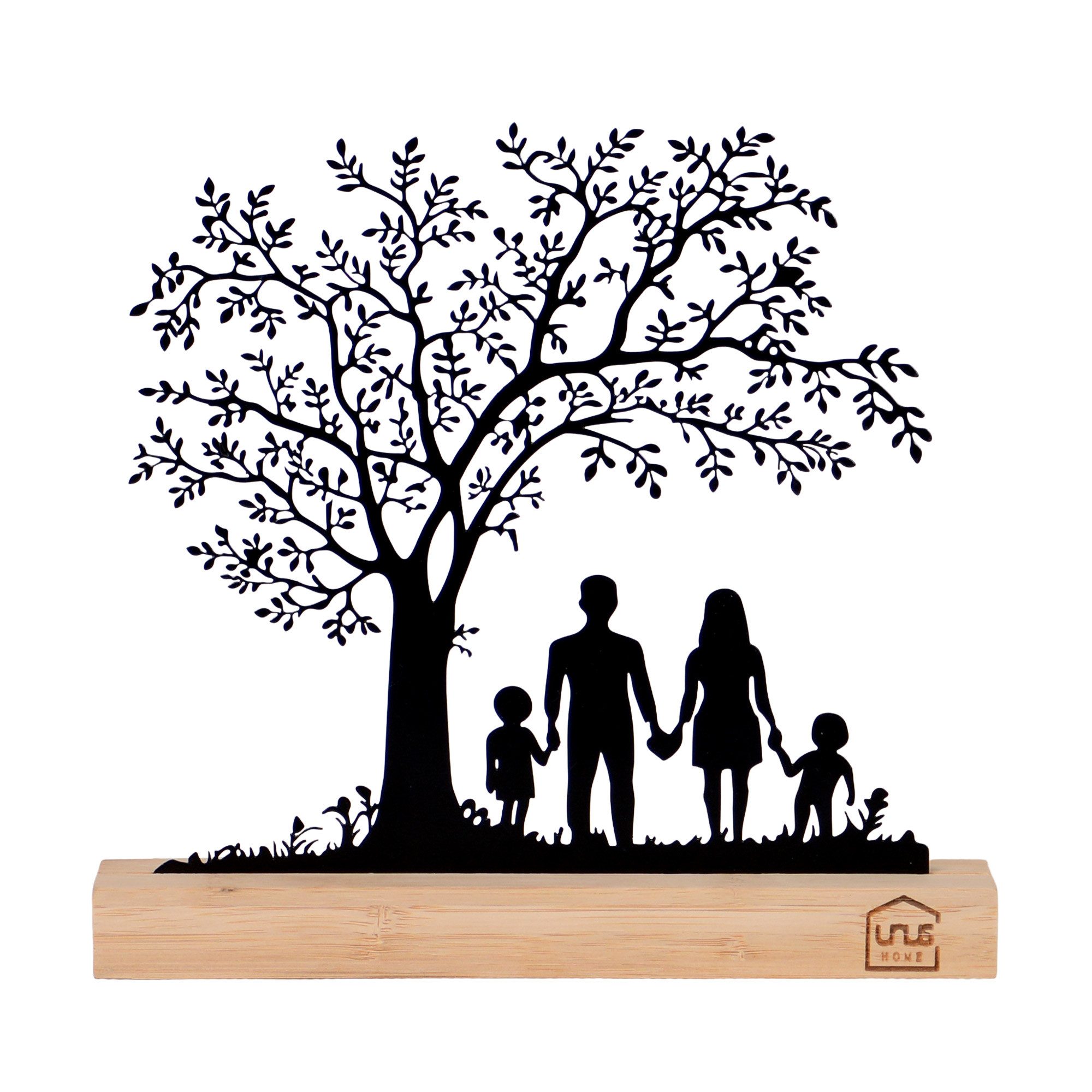 UNUS HOME Dekofigur Aufsteller Baum mit Kindern auf einer Schaukel (23 cm breit), Baum-Silhouette Metall Bambus Wohndekoration