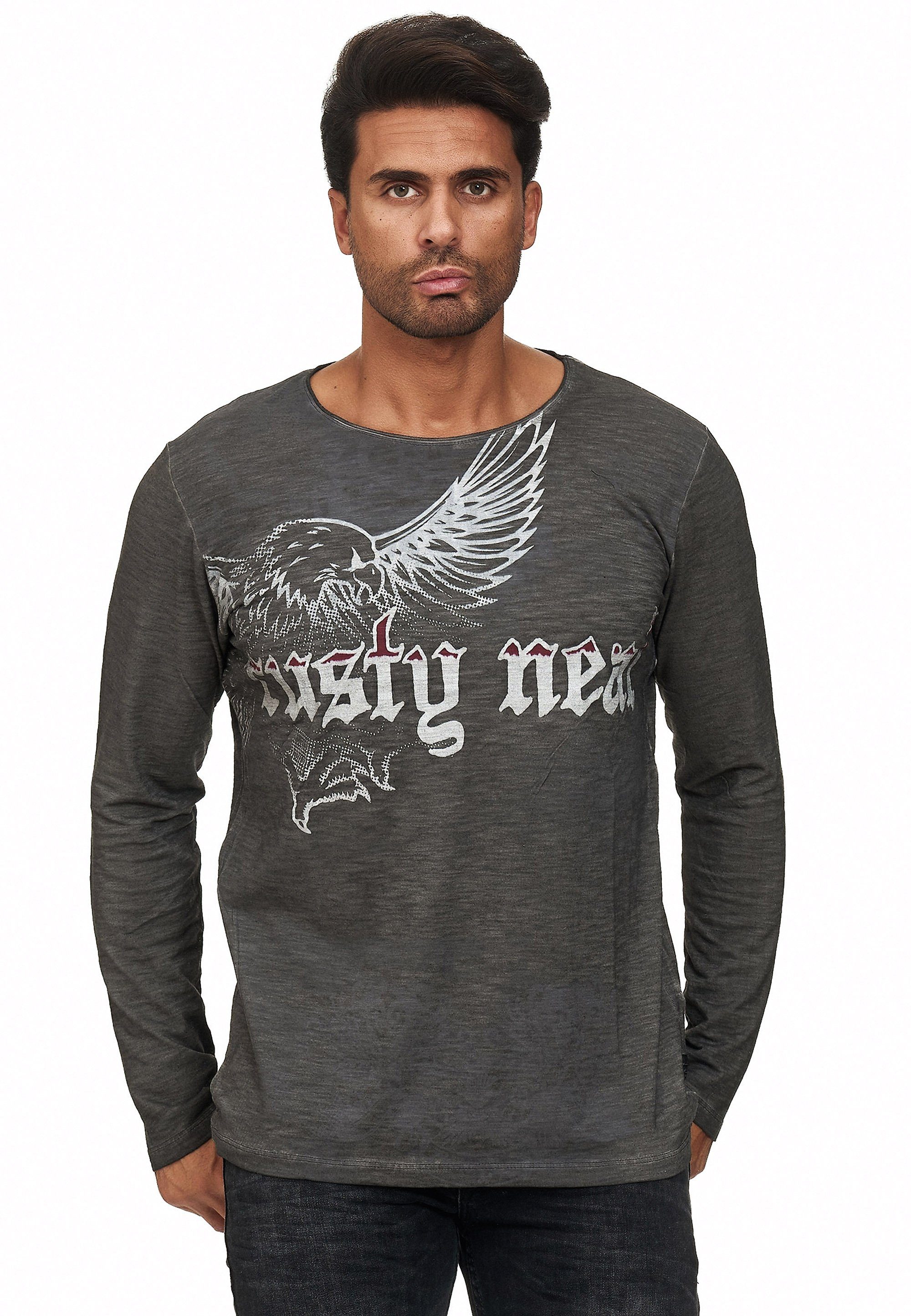 Rusty Neal Langarmshirt mit anthrazit Adler-Print coolem