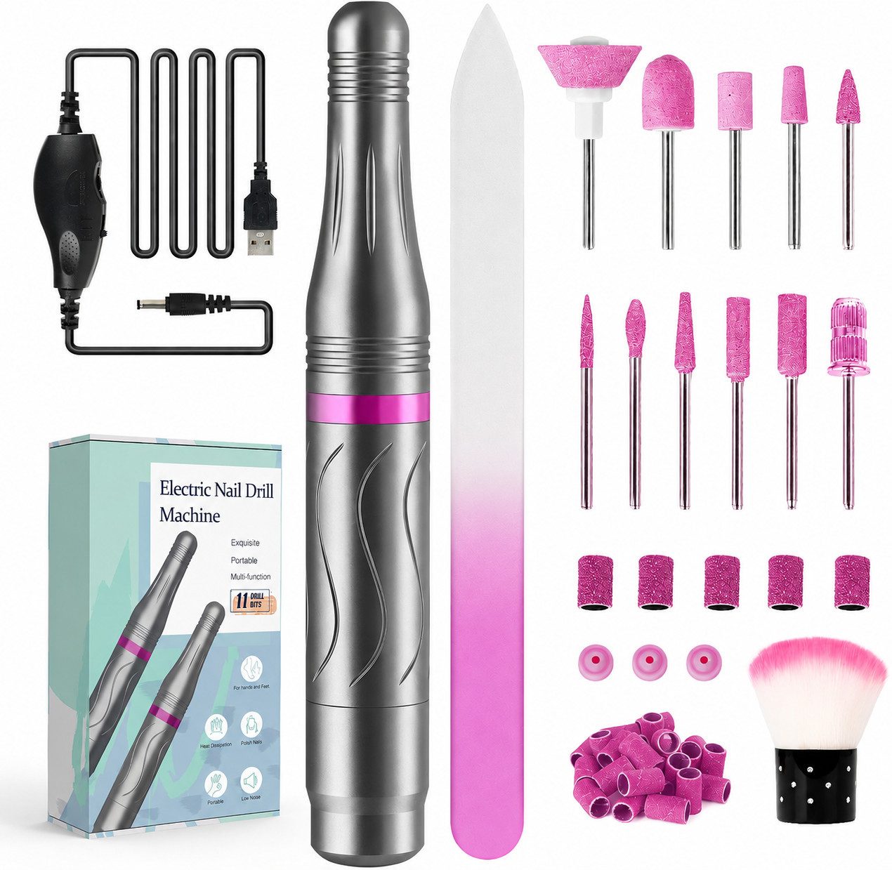 PTUI Maniküre-Pediküre-Set Elektrischer Nagelfräser 11-in-1 Set für Gel Acryl Nägel 20000 U/min, 79-tlg., Professionelles 11-teiliges Nagelfräser-Set für Maniküre & Pediküre, 11-in-1 Nagelfräser-Set mit stufenloser Geschwindigkeitsregelung