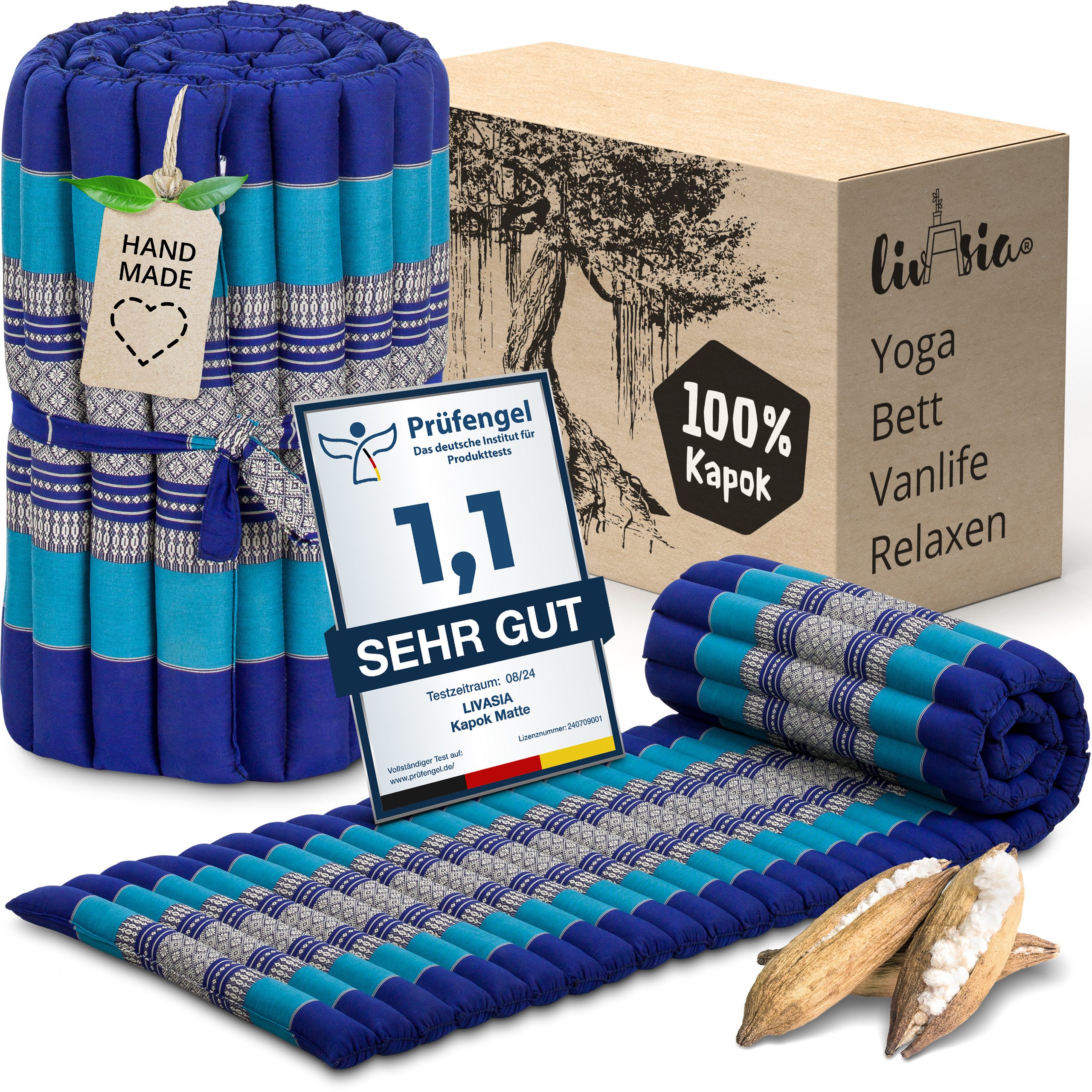 Reisebett-Matratzen Rollmatte 50 cm breit, vegan und handgefertigt, 210x50x4,5cm, livasia, 4,50 cm hoch, Kapok