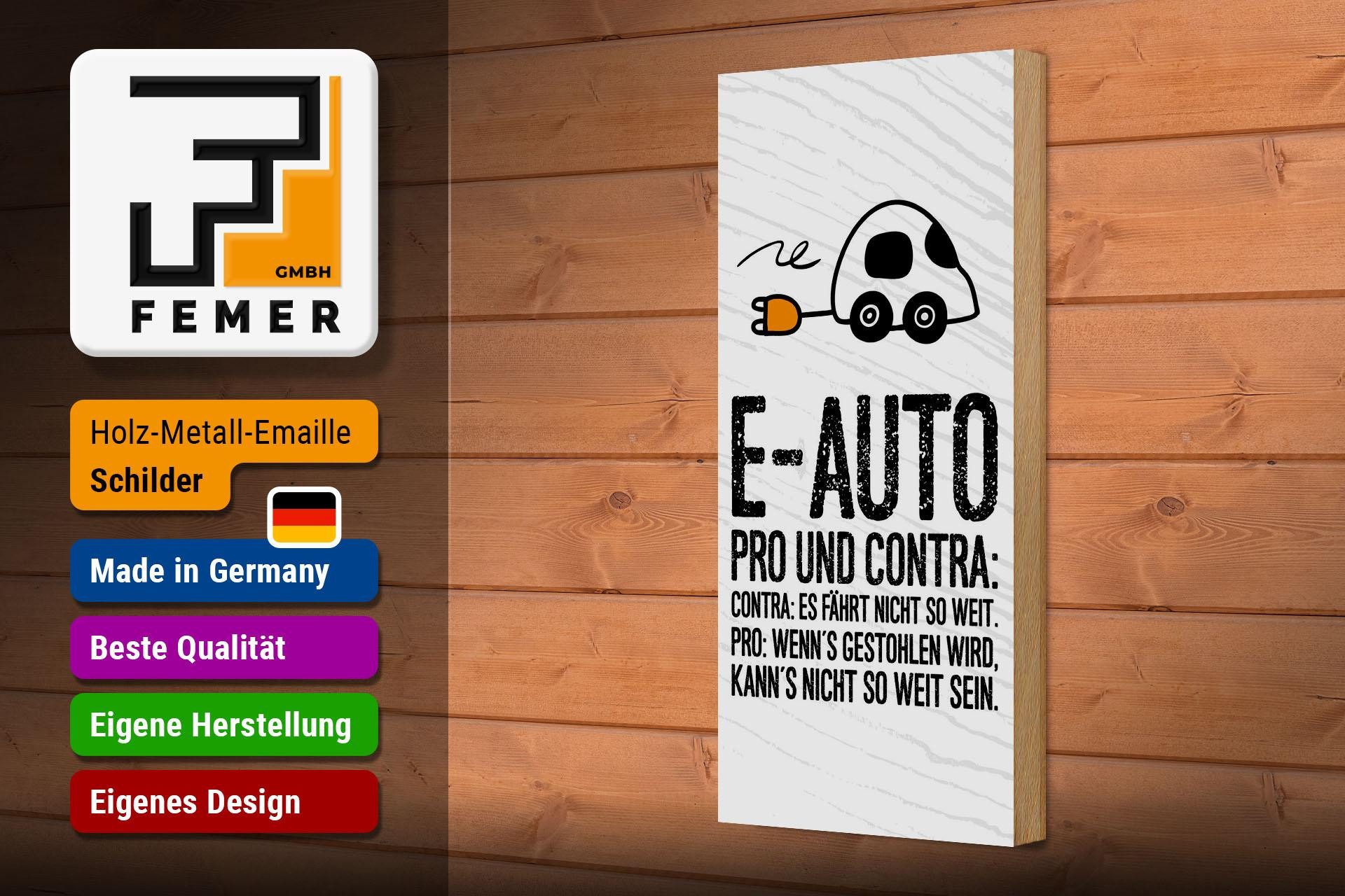 Femer GmbH Holzbild Spruch 27x10 cm E-Auto Pro und Contra, (1 St), Glatte Holzfaserplatte (MDF), vorn beschichtet