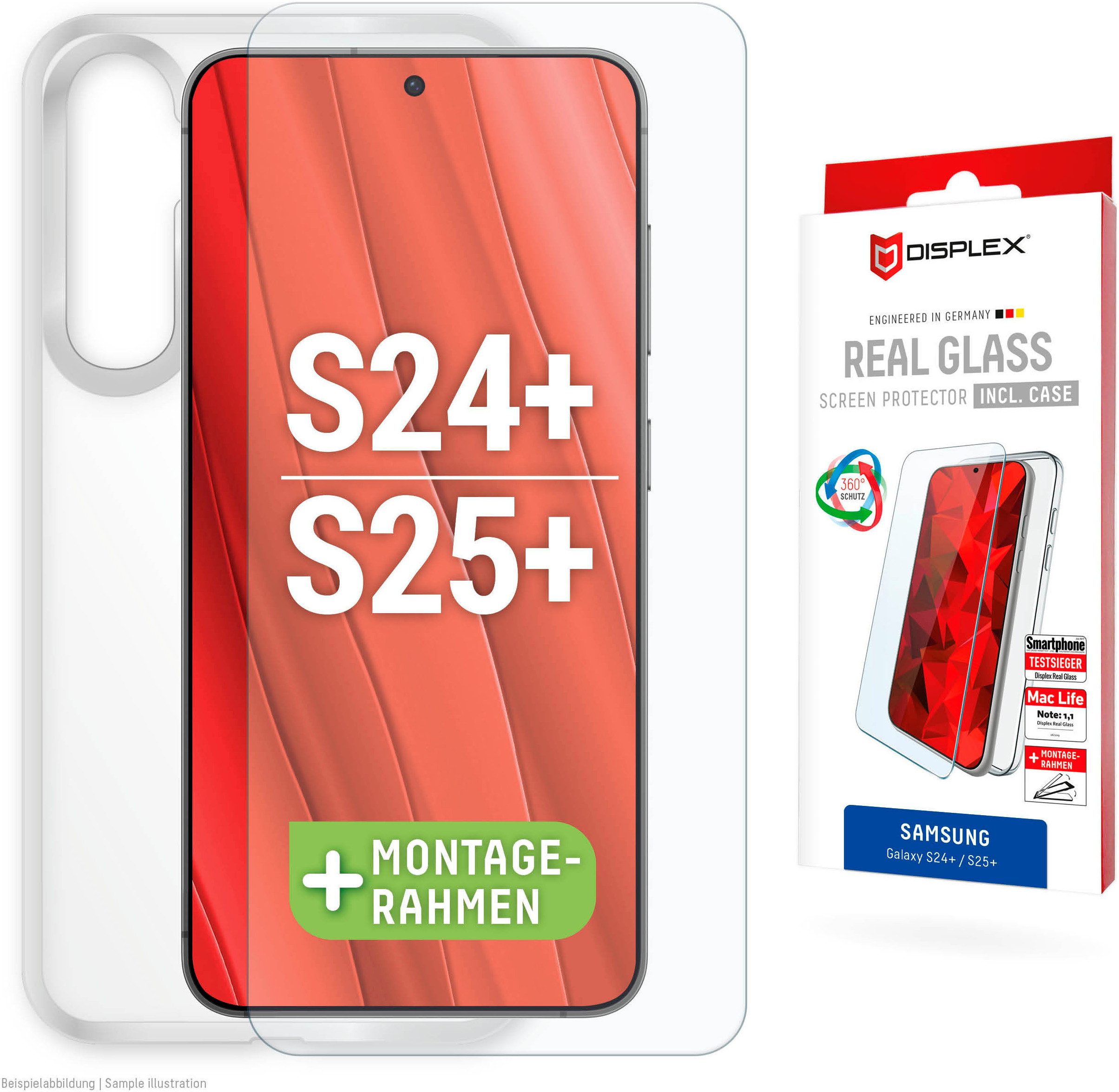 Displex Displayschutzglas Real Glass + Case für Samsung Galaxy S24+, Samsung Galaxy S25+, Displayschutzfolie Displayschutz Rundumschutz 360 Grad splitterfest