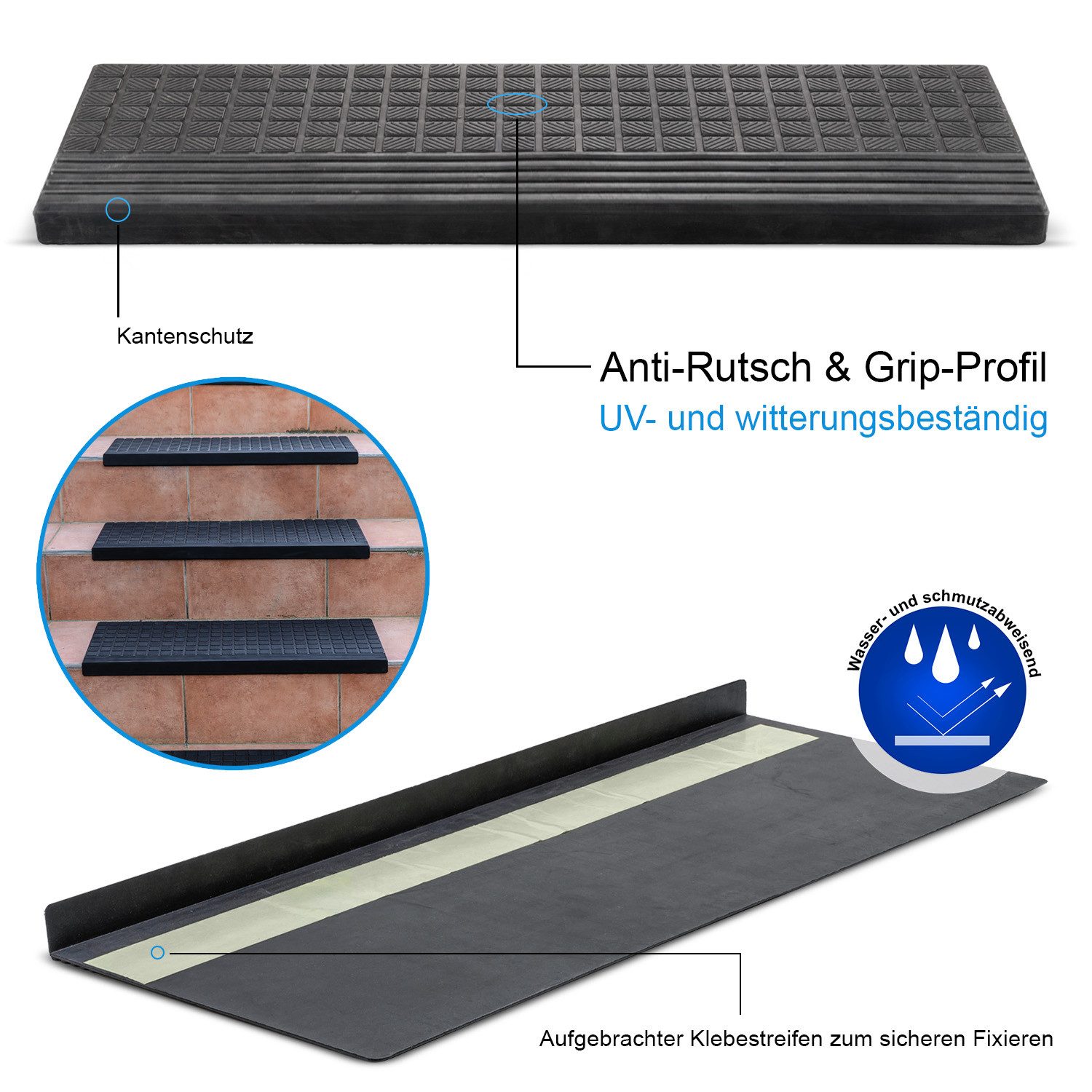 BigDean Stufenmatte 3x Gummi 65x25cm Treppenstufen Außen Antirutschmatten, eckig, Höhe: 30 mm, Rutschfest, Grip-Profil, Selbsklebend, Abriebfest