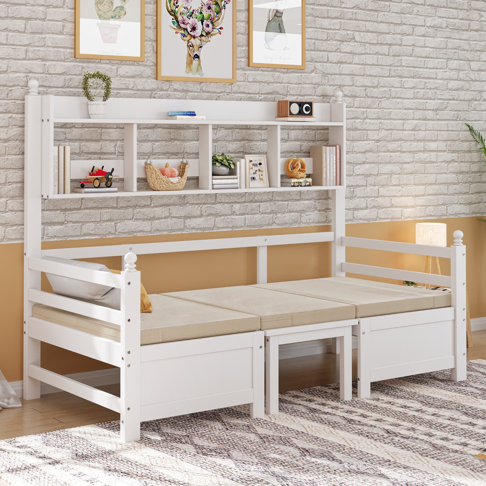 MODFU Schlafsofa Kinderbett, Holzbett mit Stauraum & Regalen, vielseitiges Stauraumbett 90x200 cm, Matratze