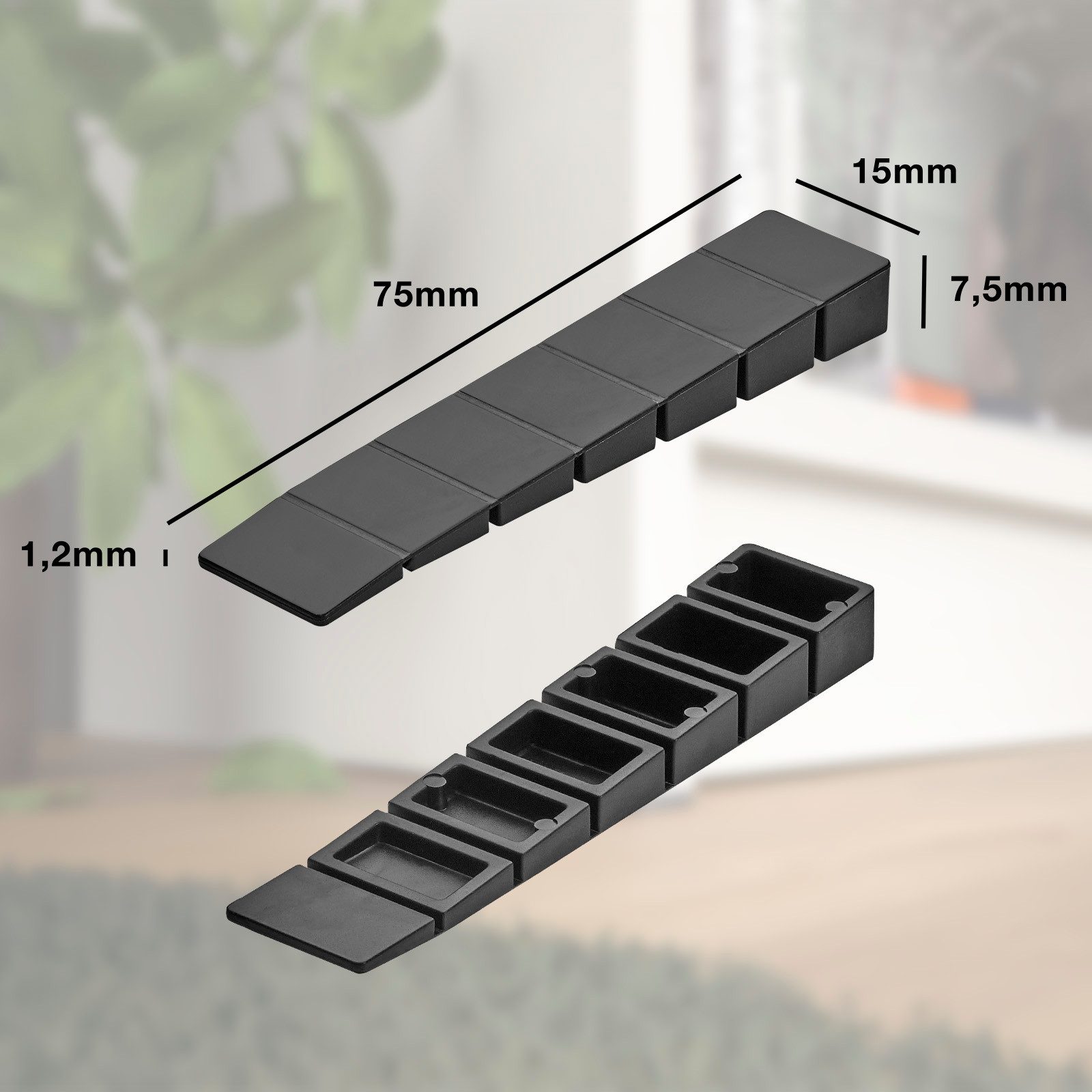 SO-TECH® Montagekeil Möbelkeile zum Ausgleich 1,2 - 7,5 mm Höhenunterschied, (50-St), Unterlegkeile mit Sollbruchstellen, Kunststoff, schwarz – Bild 5 von 5