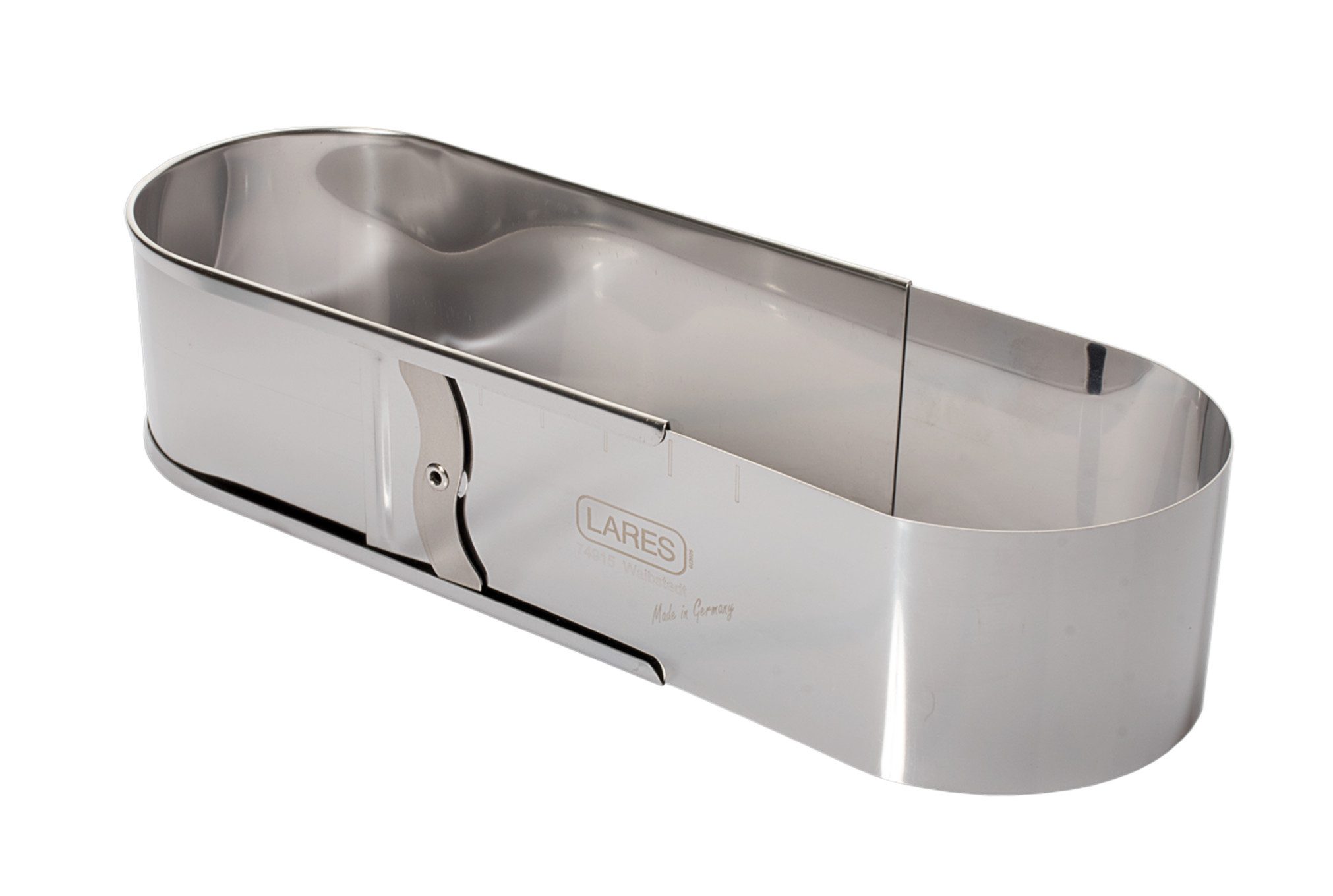 LARES Backform ovaler Backrahmen - Klein mit Klemmung - 27-40x11x6 cm - aus Edelstahl, zum Backen von leckeren Kuchen und vielem mehr - Made in Germany