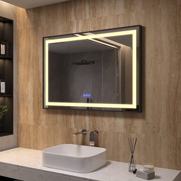 AQUALAVOS Badspiegel Antibeschlage Badezimmerspiegel mit schwarzem Rahmen LED Wandspiegel, 100x70 cm, 2 Lichtfarben Dimmbar, Memory-Funktion, Touch /Wandschalter