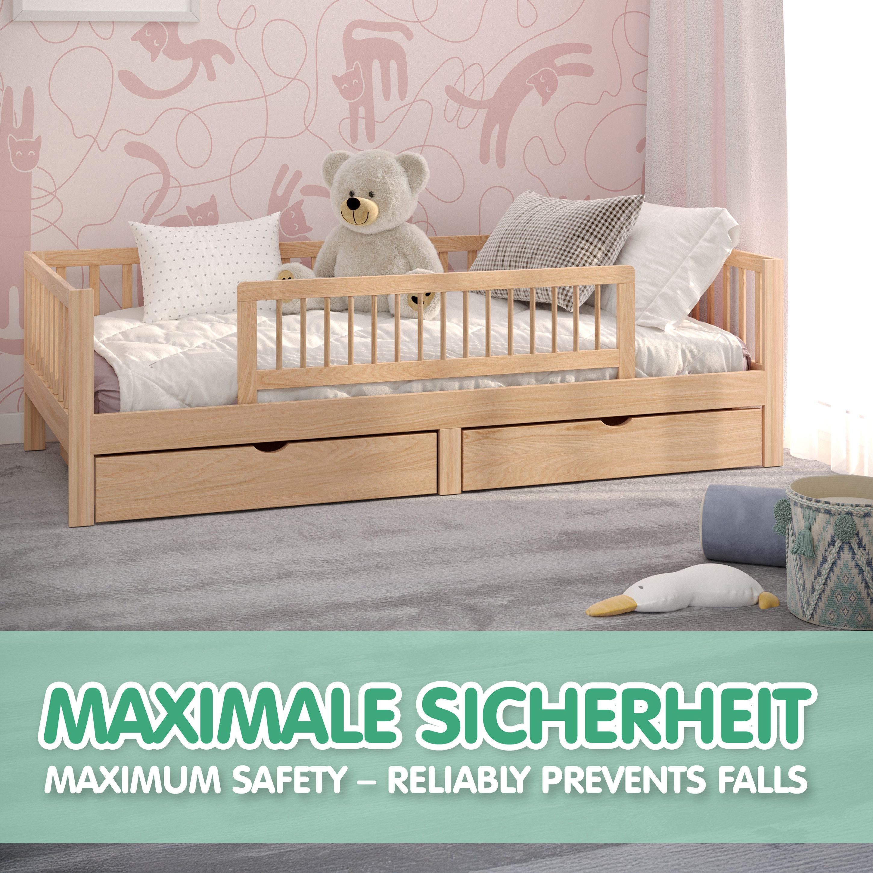 CADANI Bettschutzgitter Holz Bettgitter - Kinderbett Rausfallschutz klappbar, robust u. stabil (90 cm breit, natur - auch in 115 cm und 140 cm verfügbar), für W – Bild 4 von 5